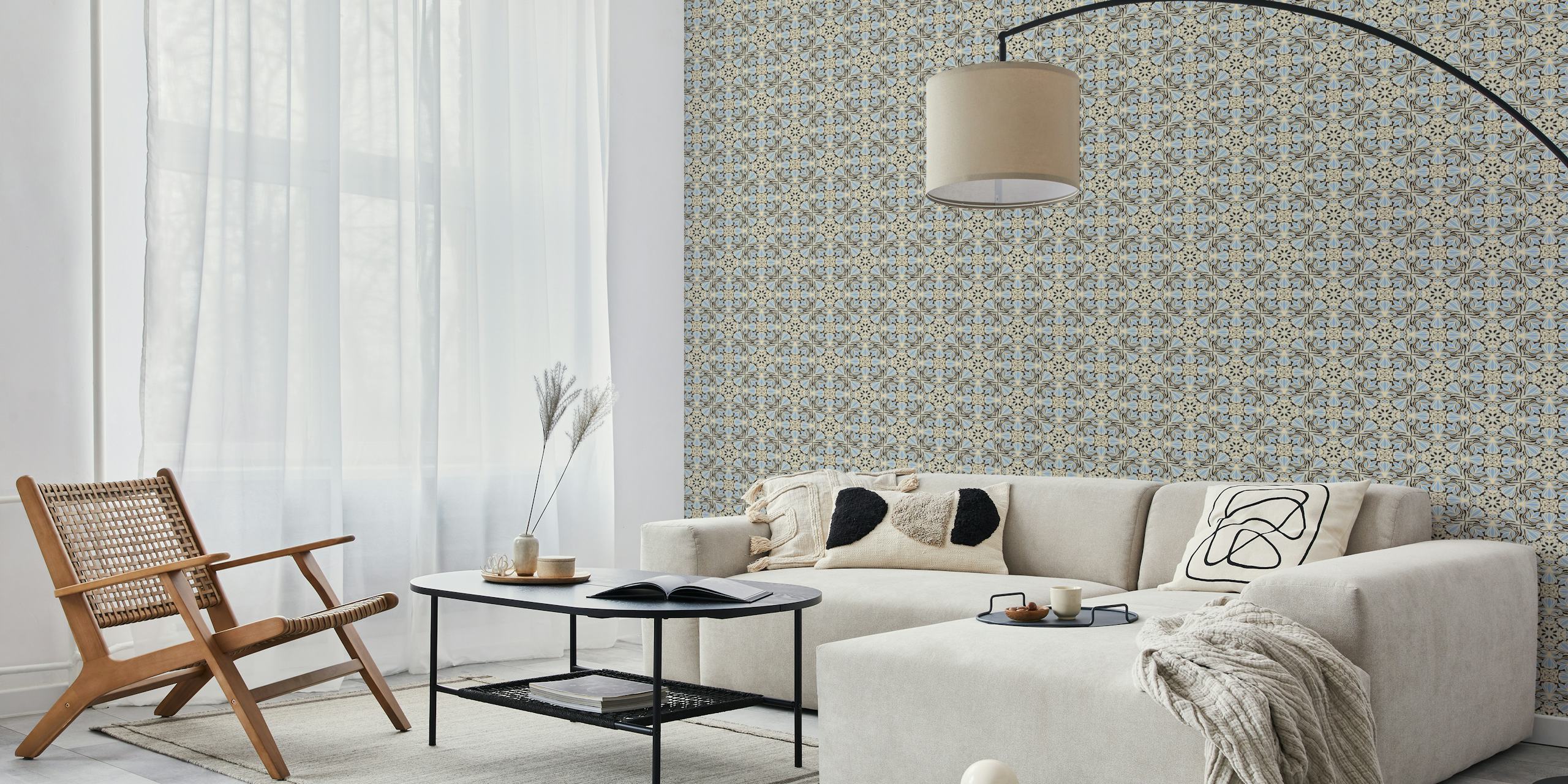 Floral pattern wallpaper featuring black and light blue colors in an elegant design