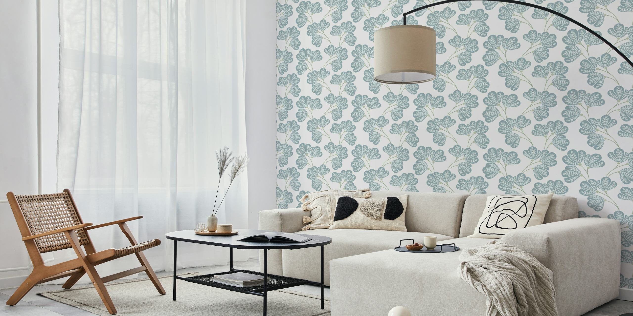 Papier peint Olivia avec des feuilles bleues dans une pièce