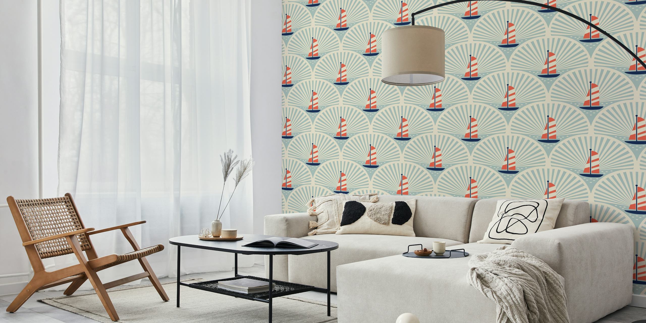 Sailboats with red sails on blue background wallpaper
