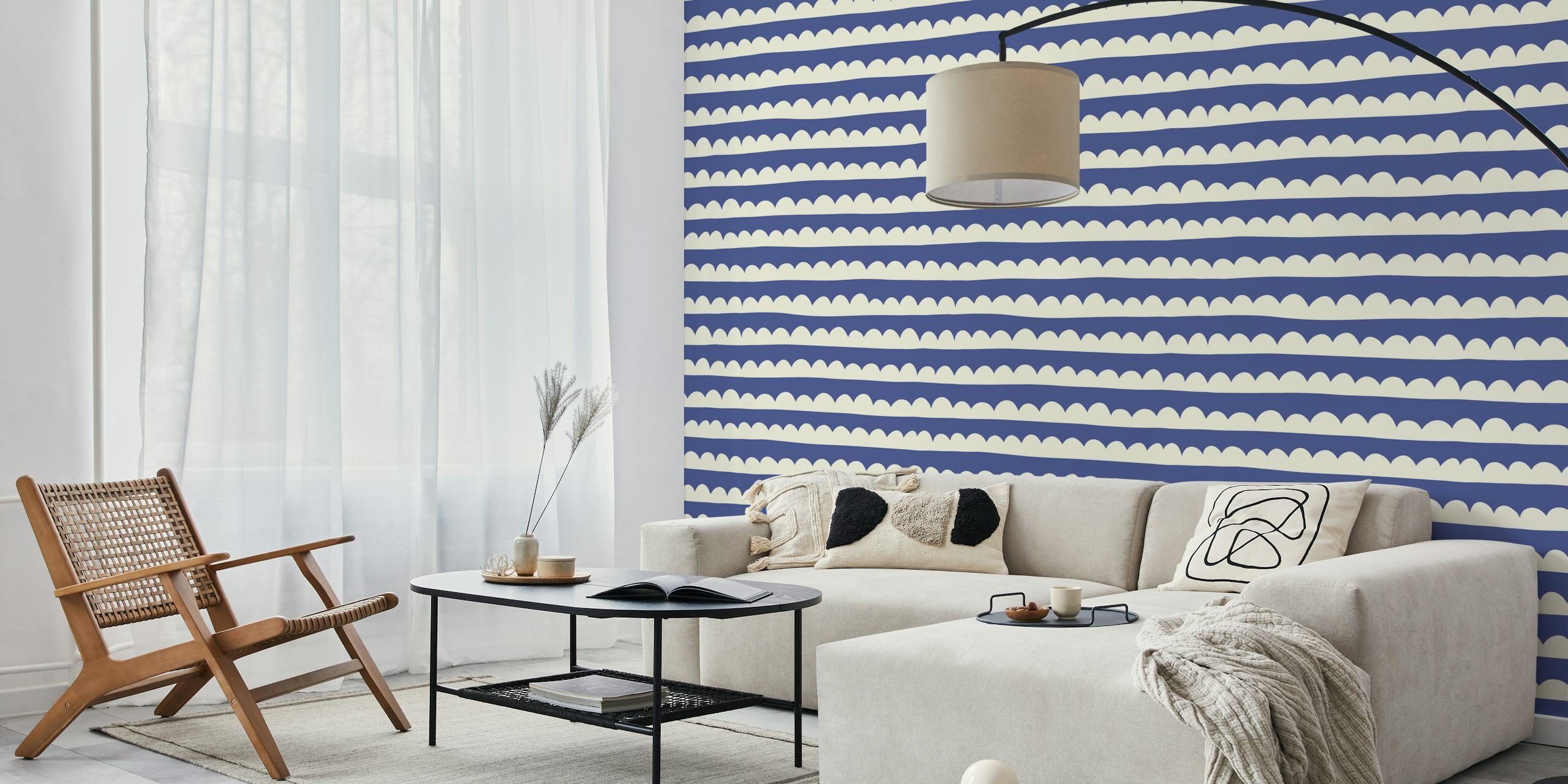Blue and white scallop edge stripes wallpaper