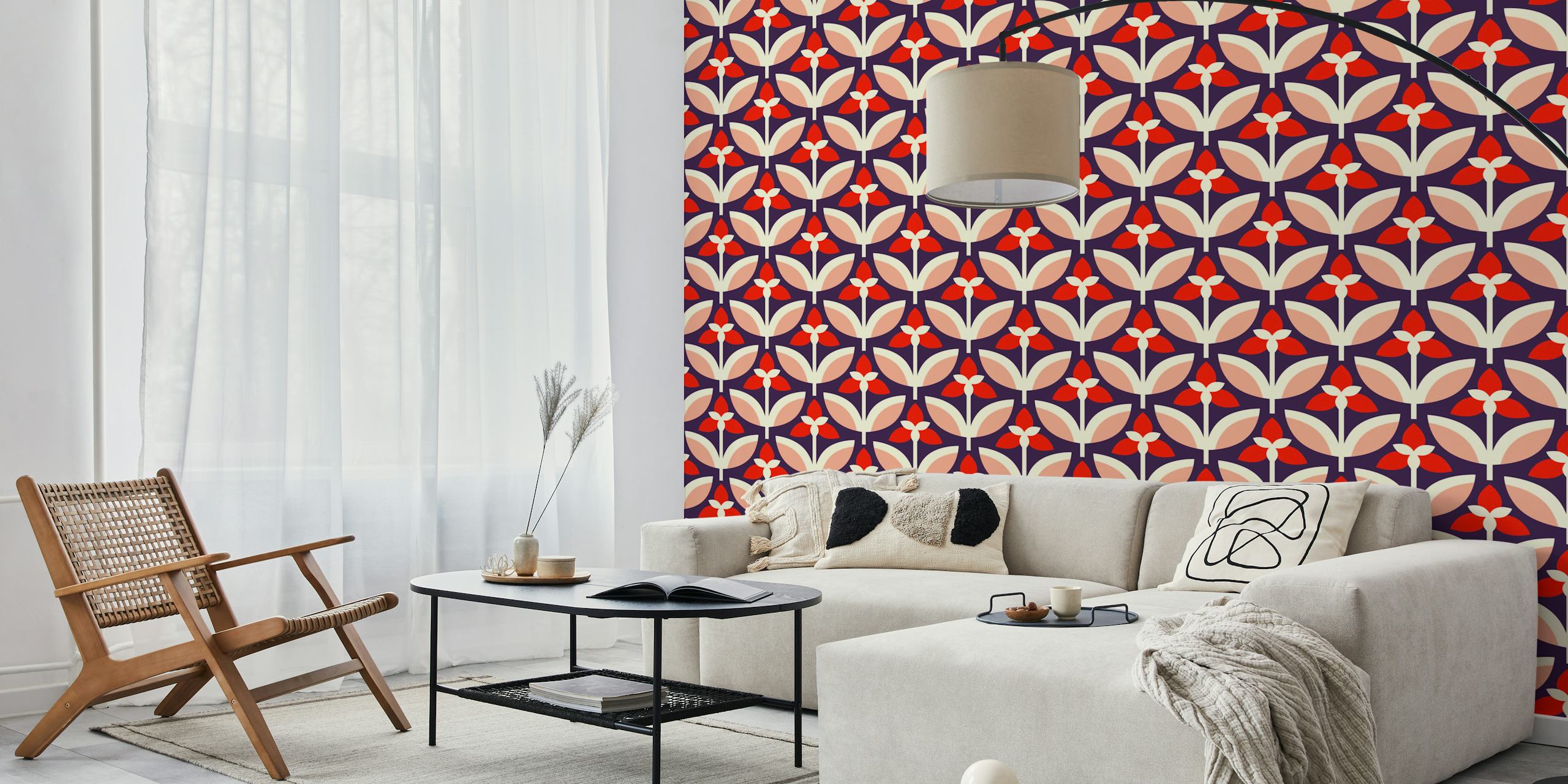 Navy and coral floral wallpaper design