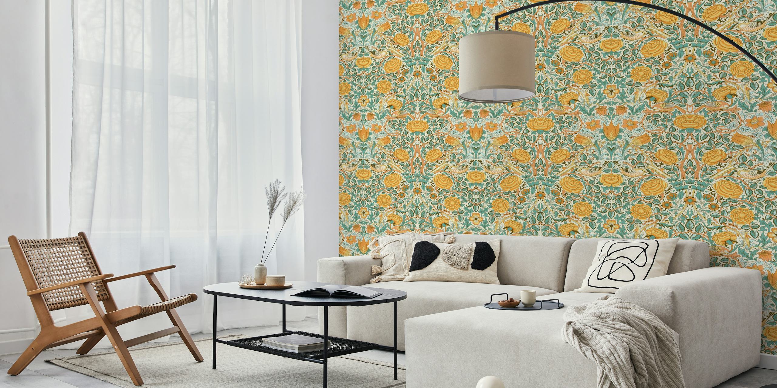 Victorian rose and floral design in gold and blue wallpaper