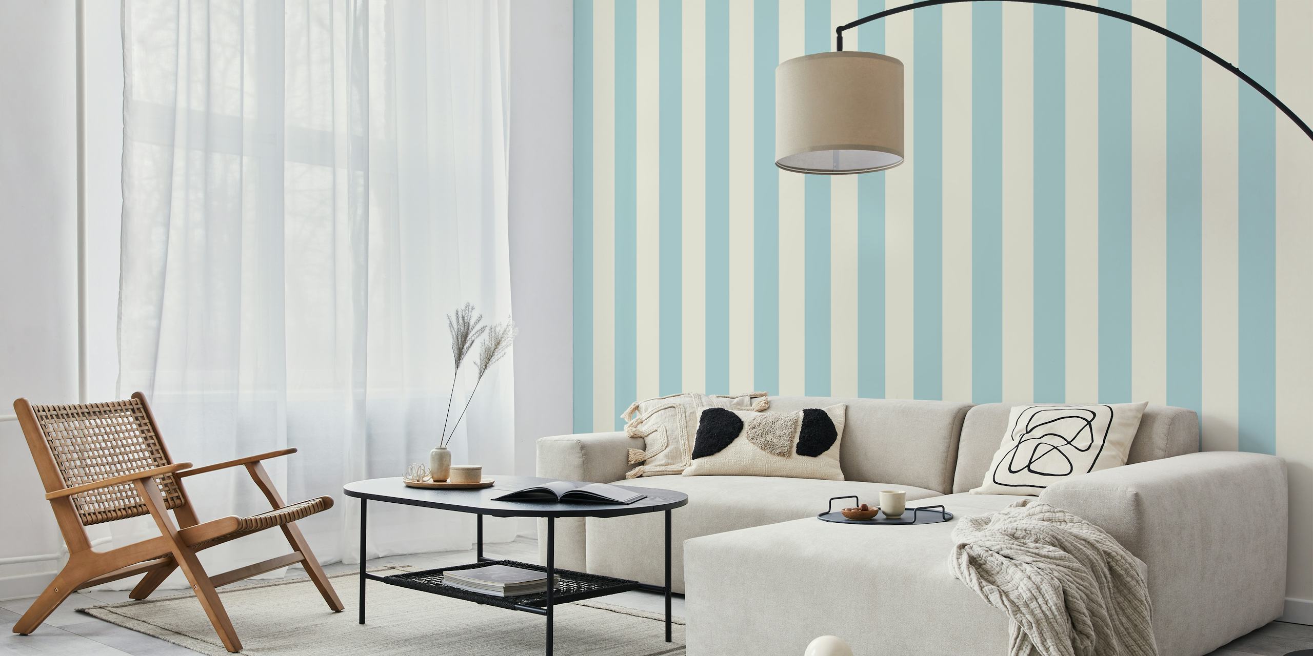 Blue and white striped wallpaper, soft pastel colors, Scandinavian style