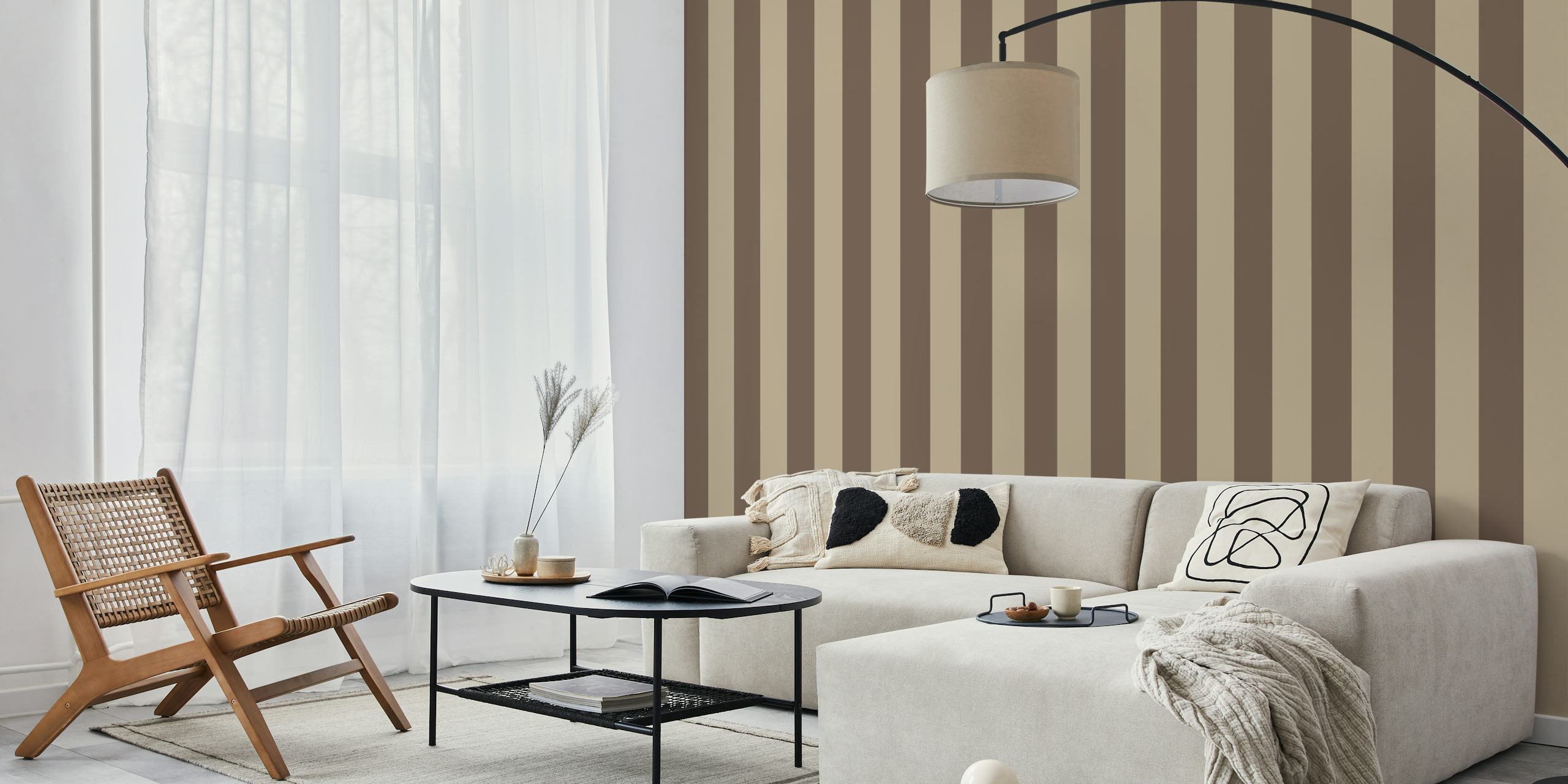 Brown and beige striped wallpaper design in Scandinavian style