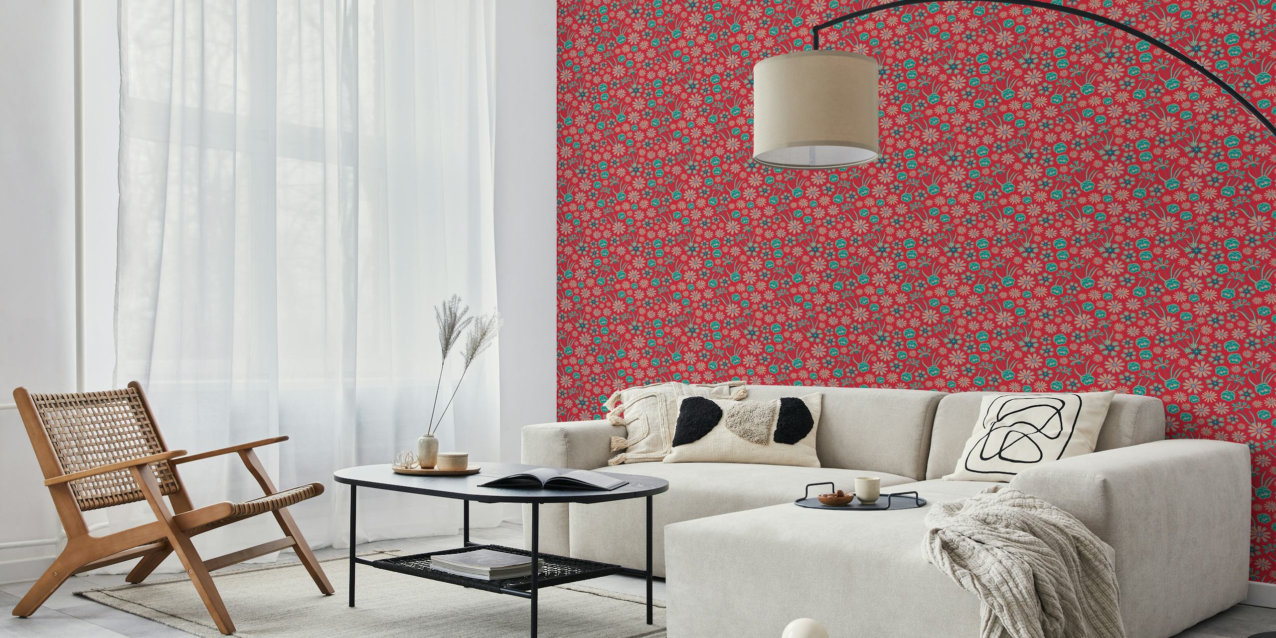 Floral bouquet pattern in turquoise and cream on deep red wallpaper