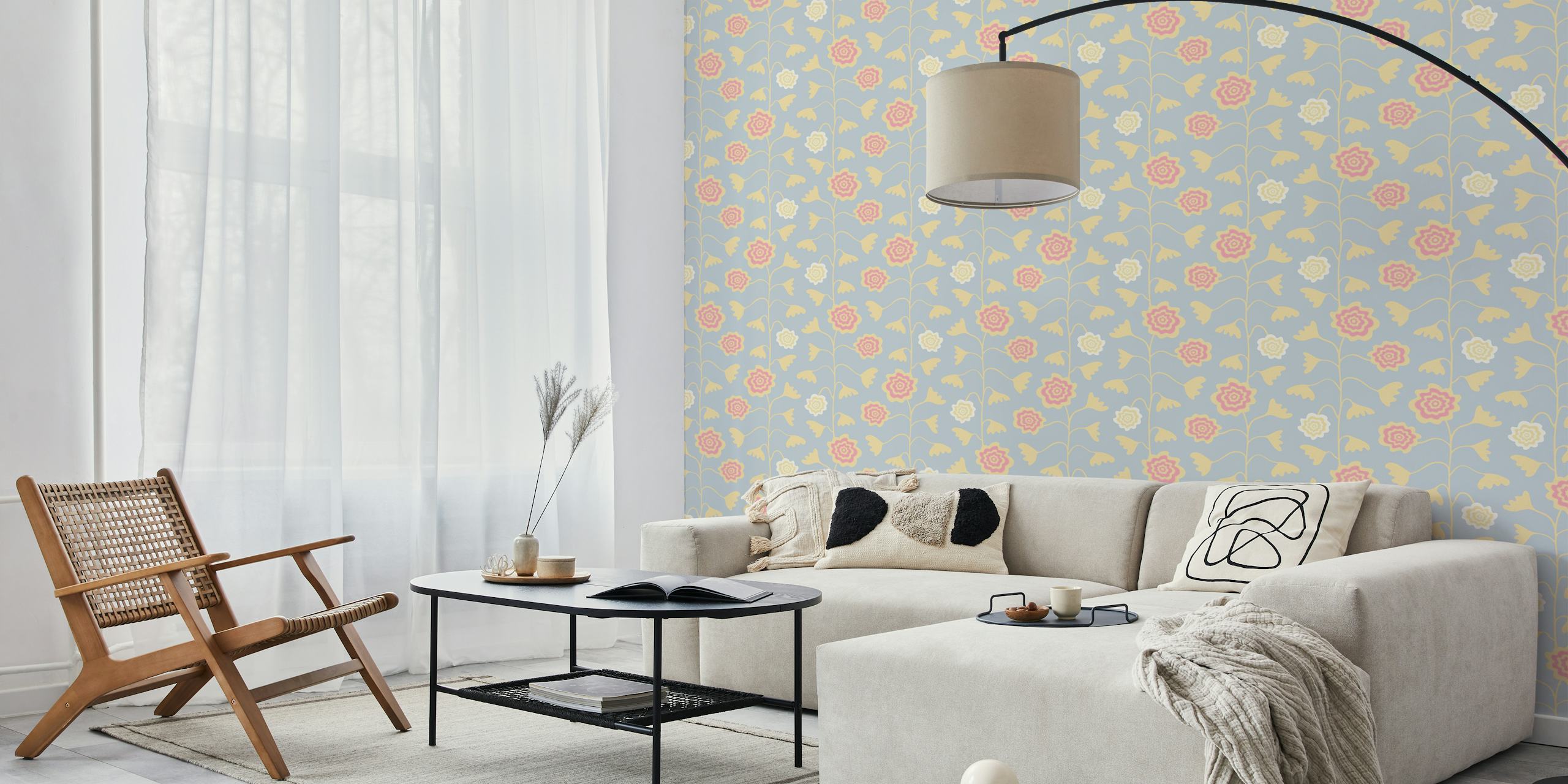 Floral pattern featuring lavender, pink, and cream colors wallpaper