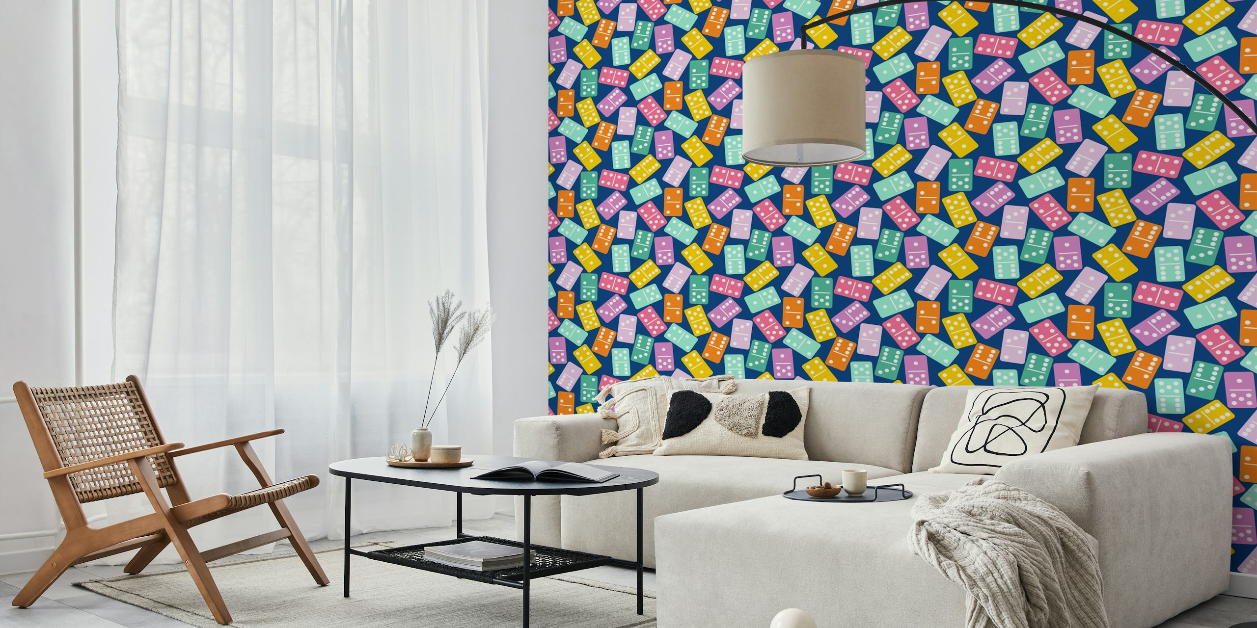 Colorful domino patterned wallpaper in a room