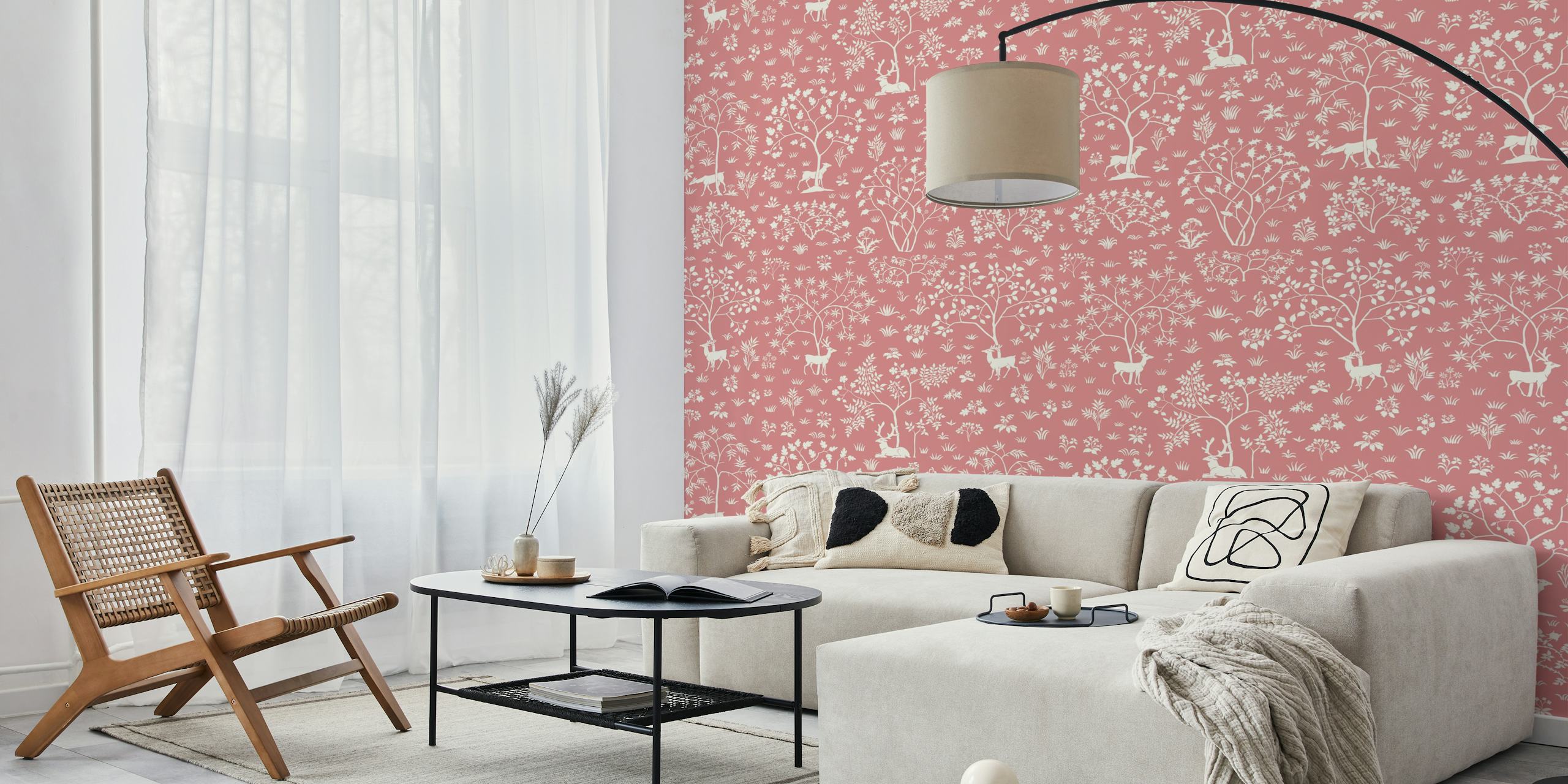 Floral deer wallpaper in pink with trees and deer illustrations