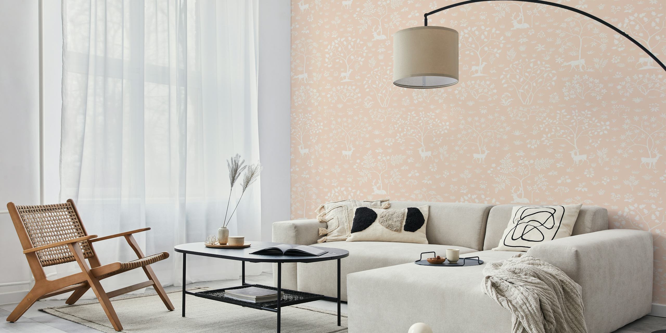 Vintage meadow wallpaper with deer in light pink