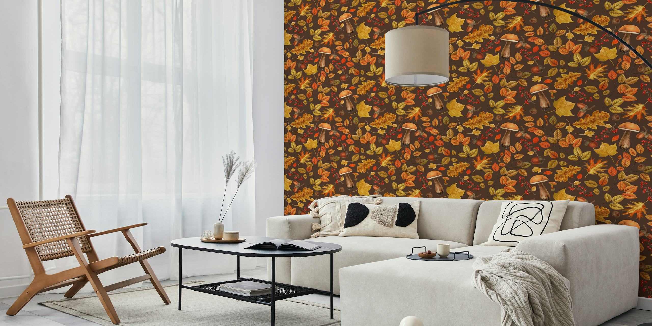 Autumnal forest wallpaper design με φύλλα και μανιτάρια