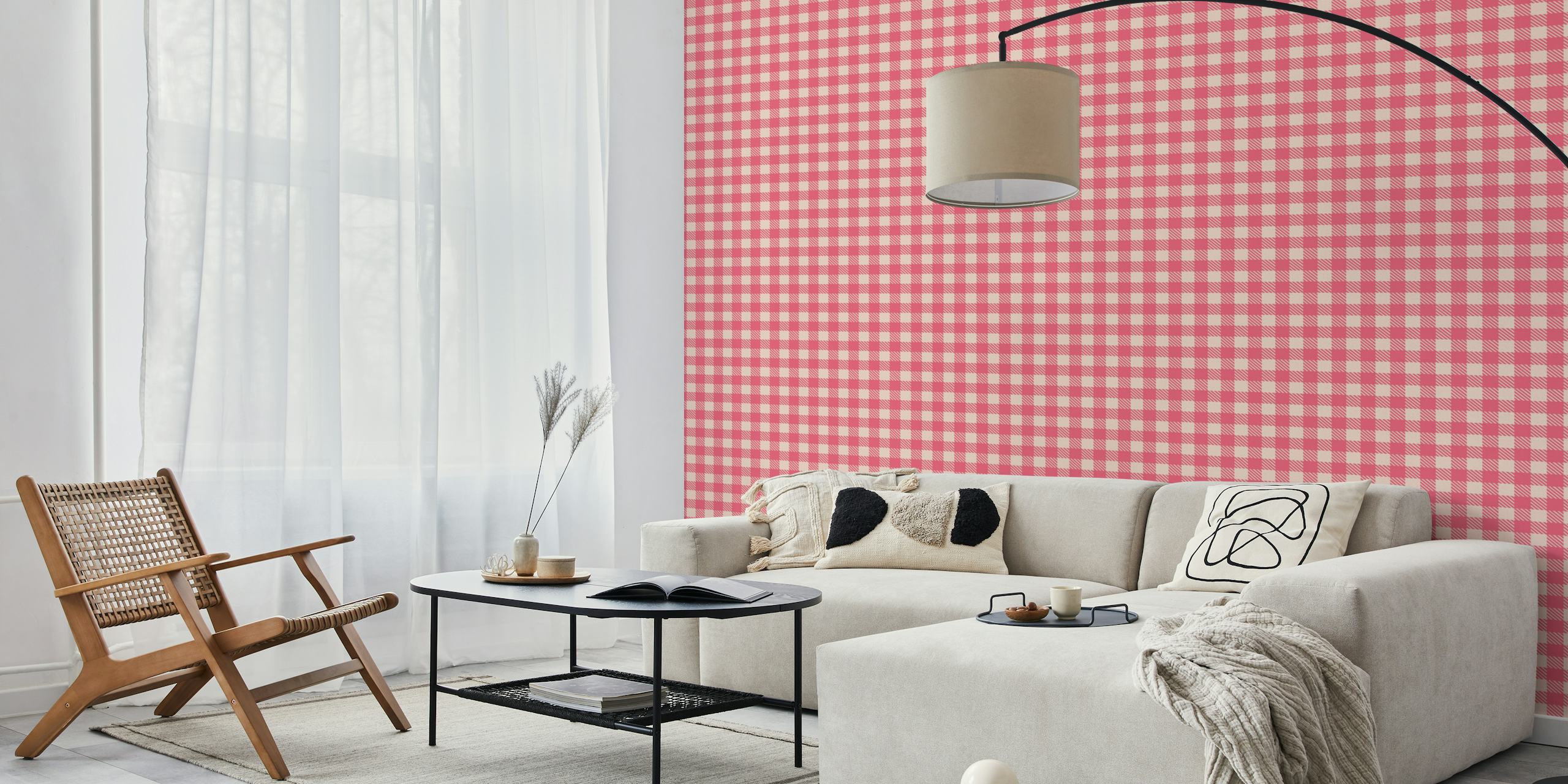 Pink and cream checkered pattern wallpaper