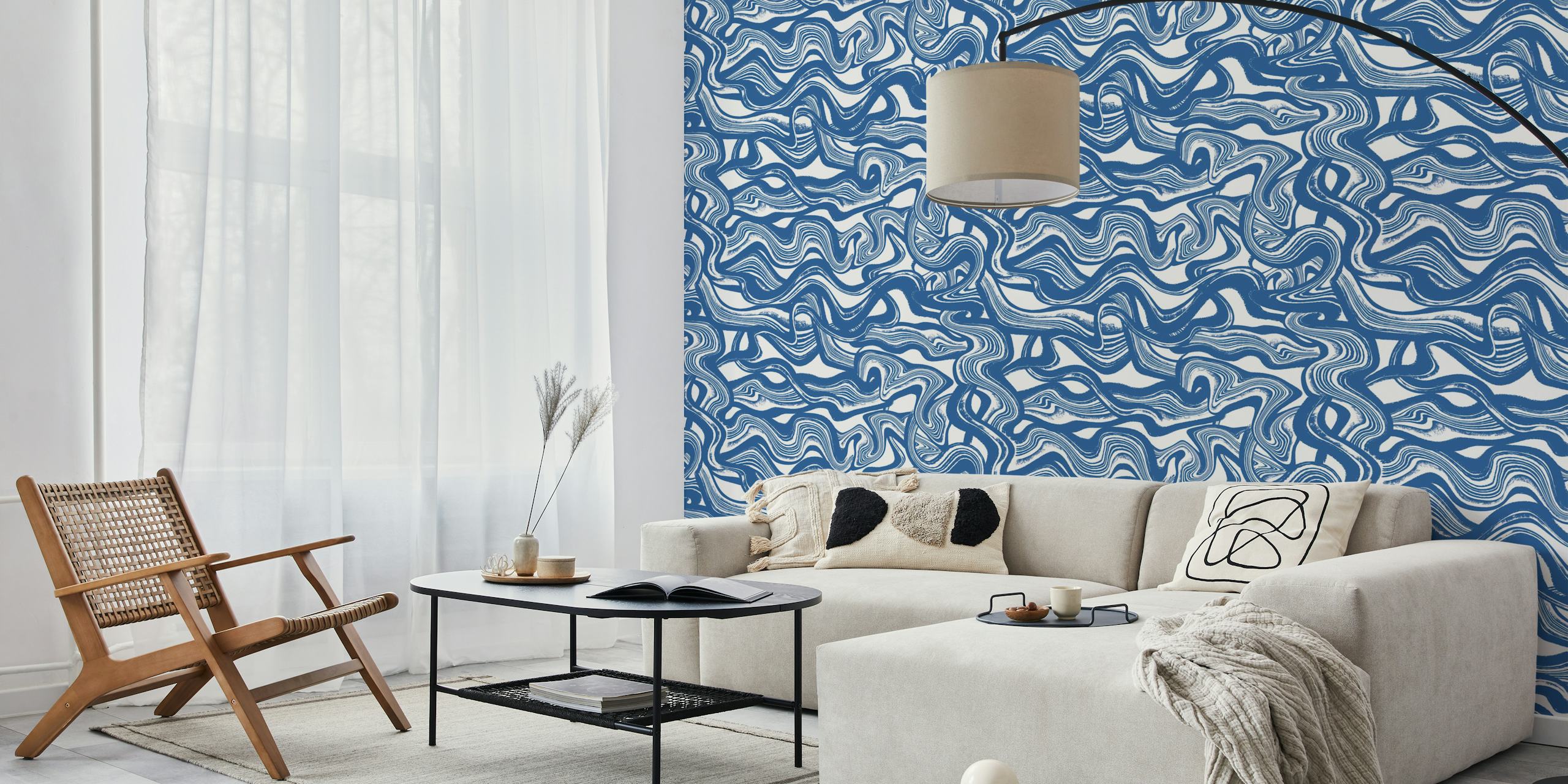 Blue Fluid Lines Tapete in einem modernen Interieur