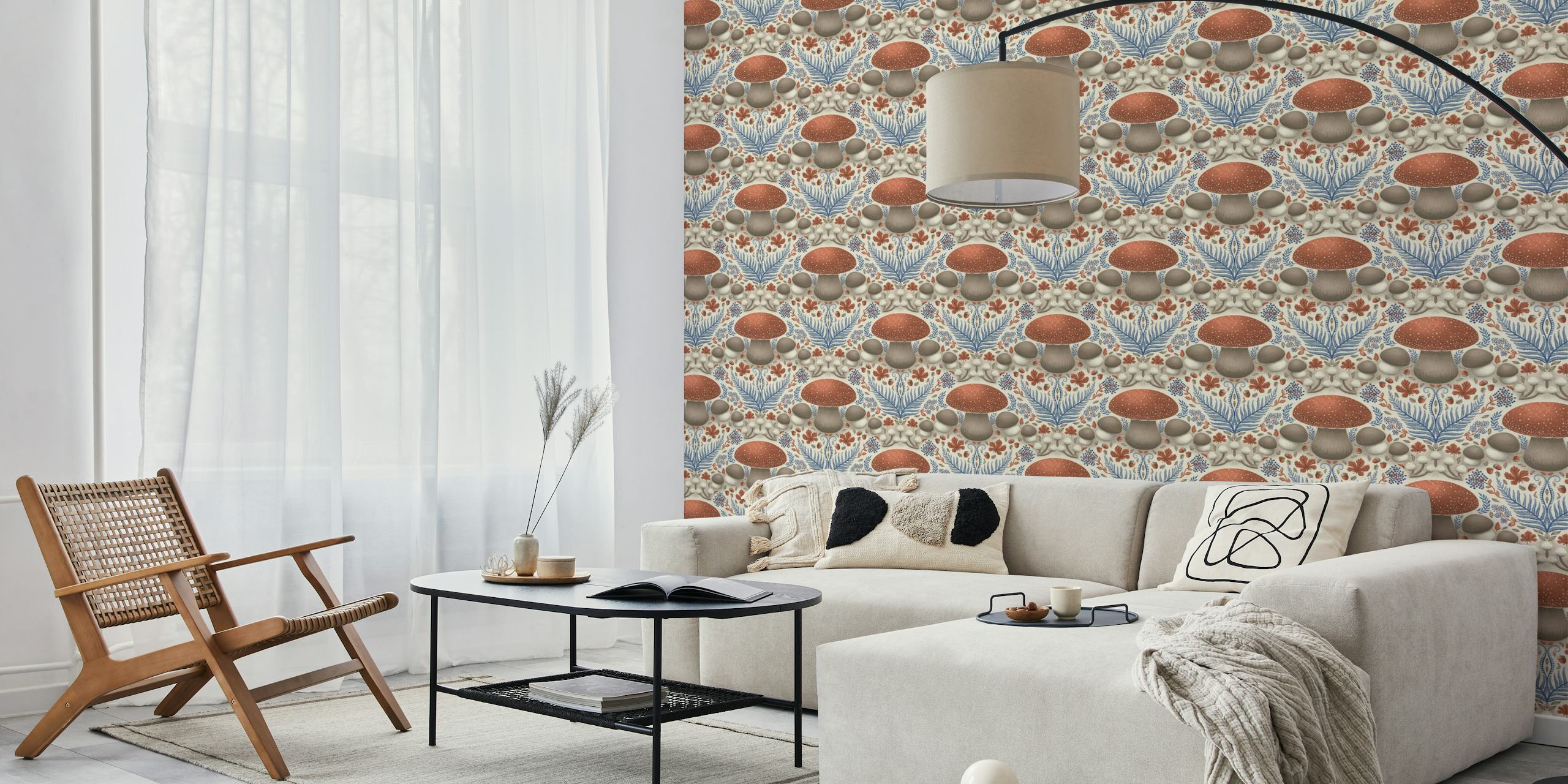 Mushroom and foliage pattern in brown, blue, and cream wallpaper