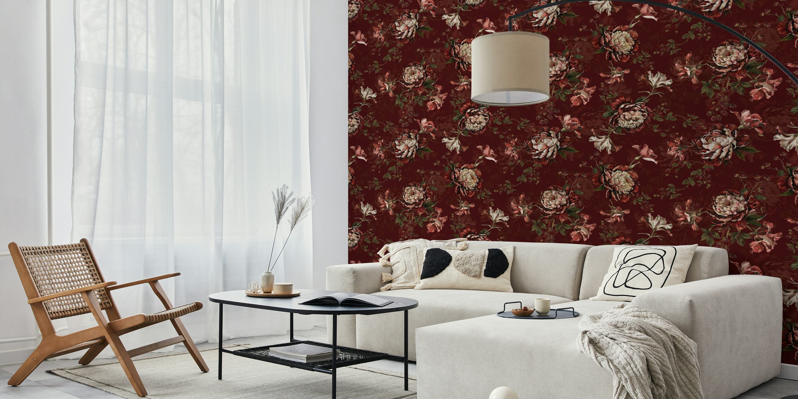 Burgundy floral wallpaper in a room