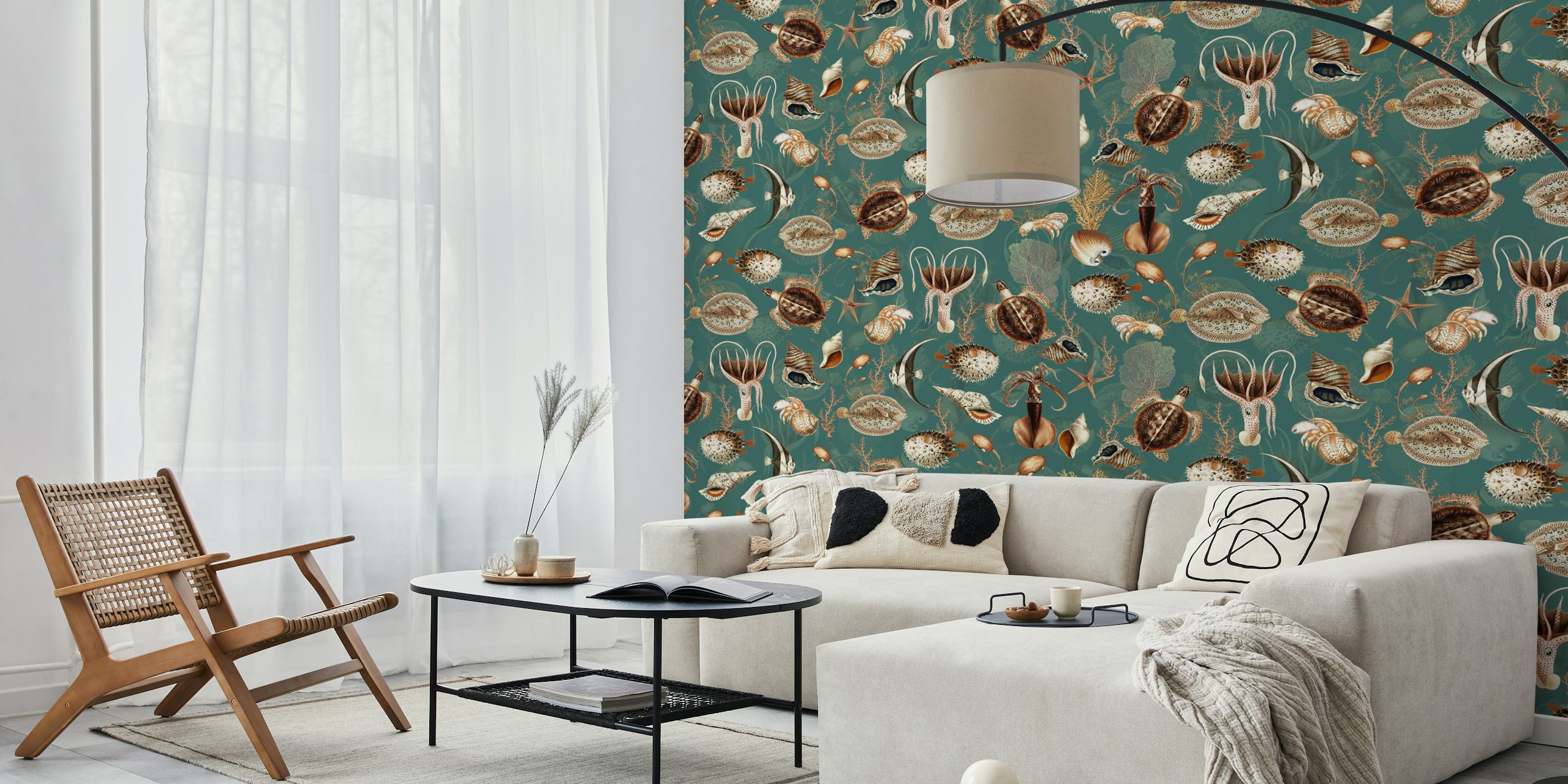 Marine life and seashells on turquoise background wallpaper