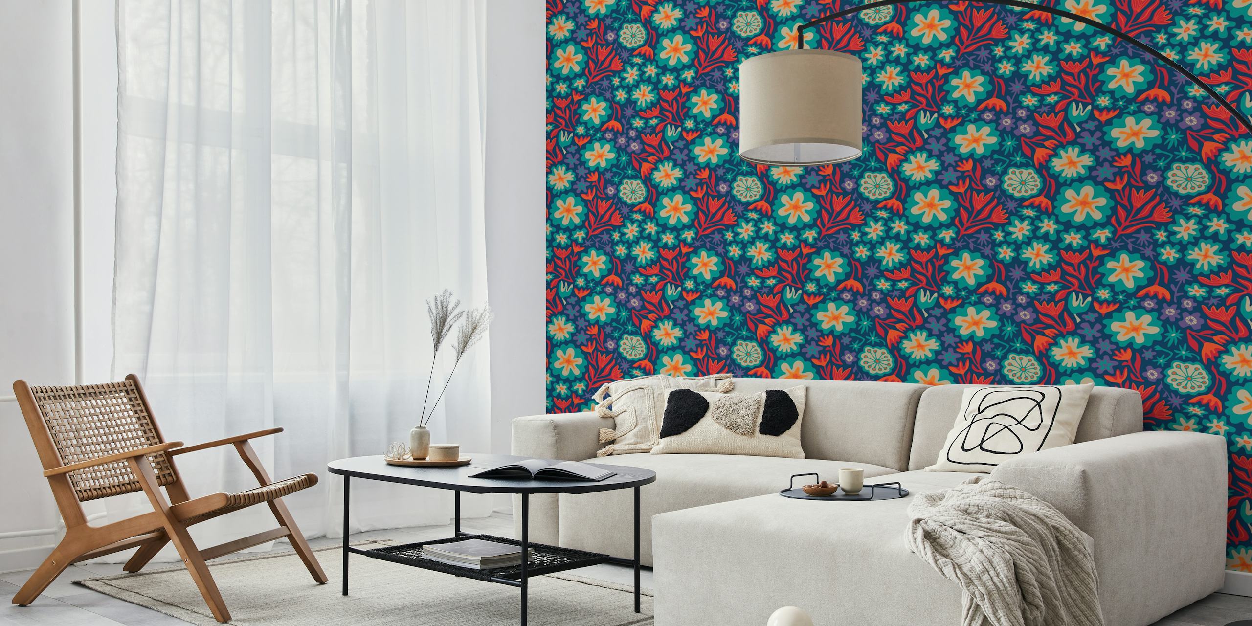 Colorful tropical flowers and leaves on blue background wallpaper