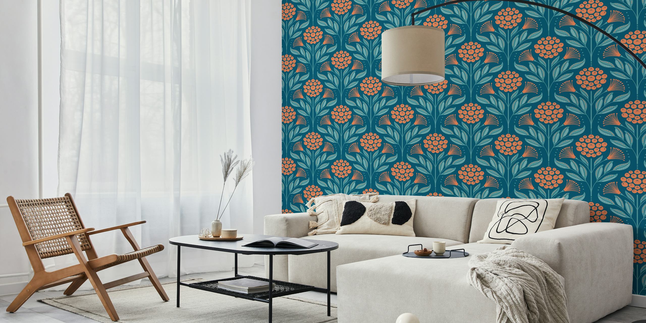 Vibrant floral pattern with teal leaves and coral flowers wallpaper