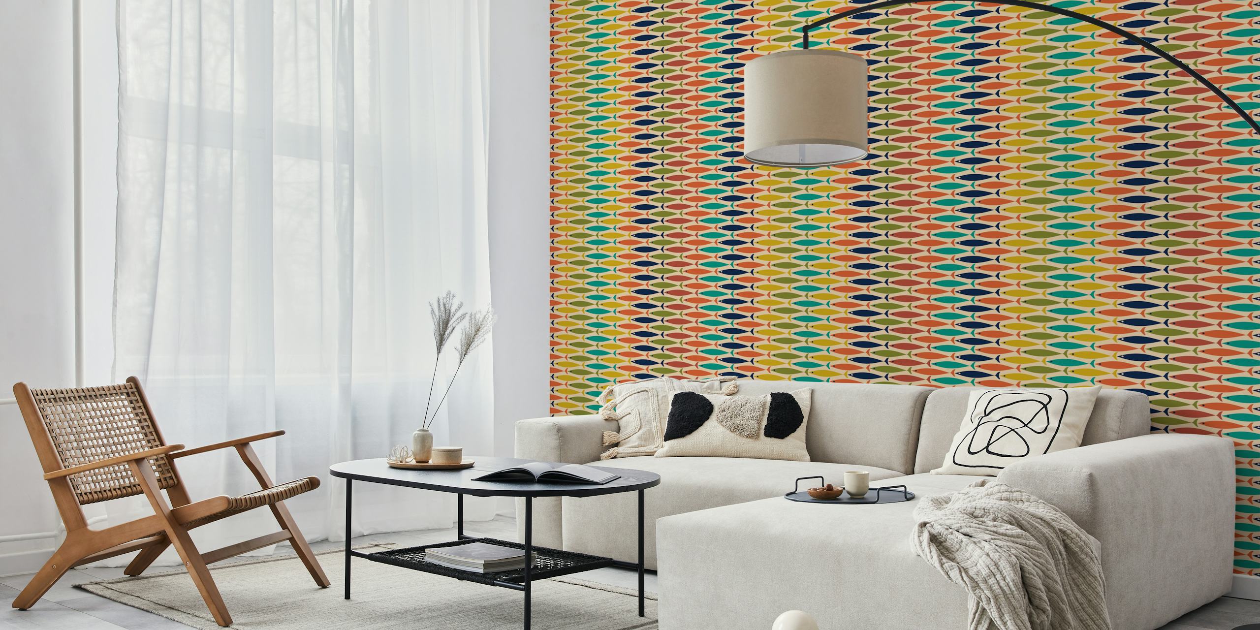 Papel de parede Colorful Retro Fish Stripes em um quarto