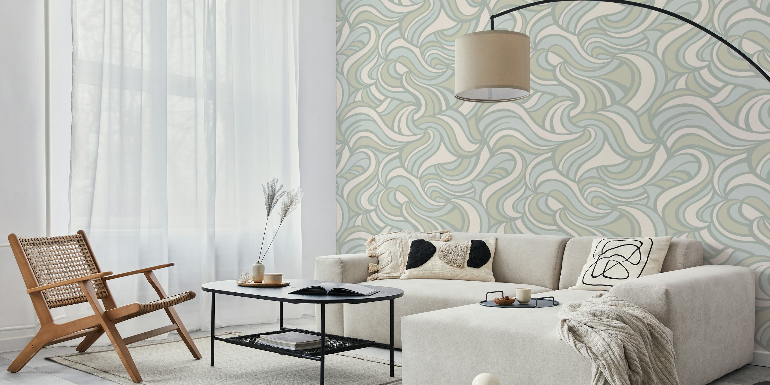 Wavy pattern in blue and beige colors, abstract style wallpaper