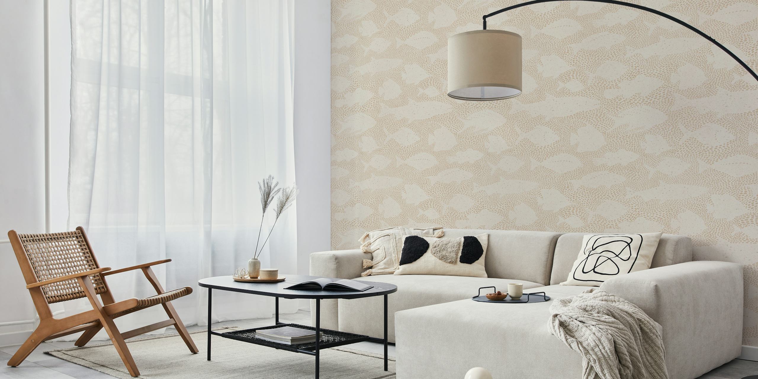 Subtle fish motifs in beige and ecru colors, textured wallpaper