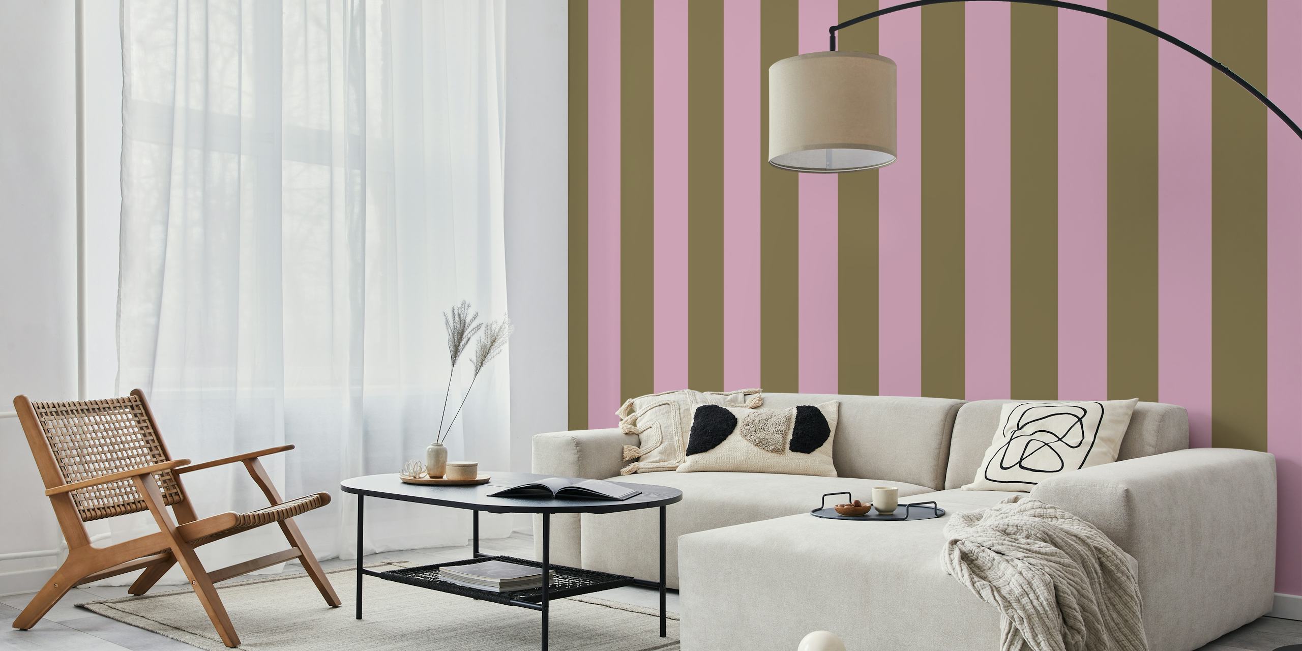 Striped wallpaper in pastel pink and green colors, modern design