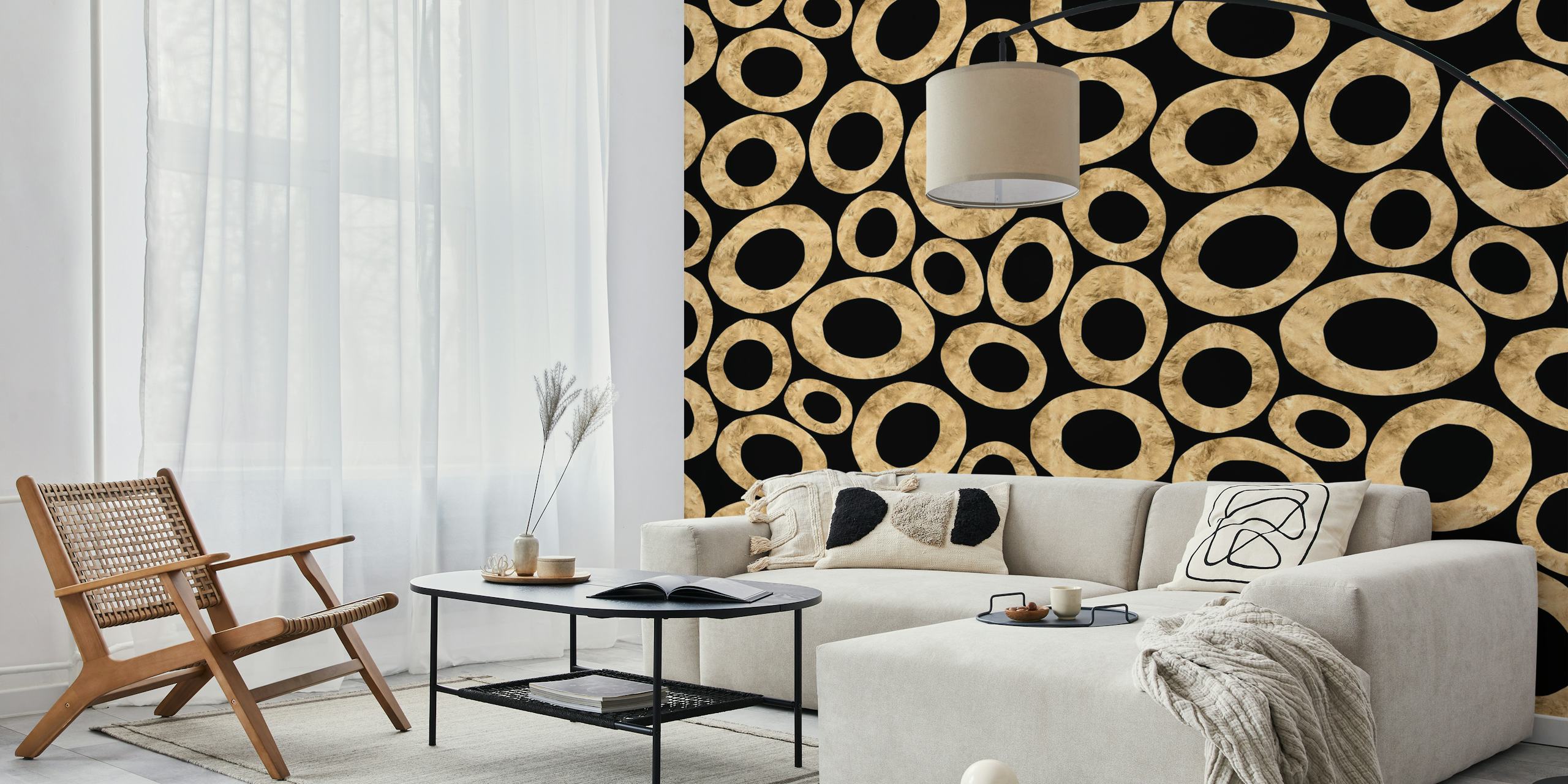 Large Abstract Ovals in Black & Gold wallpaper in a room