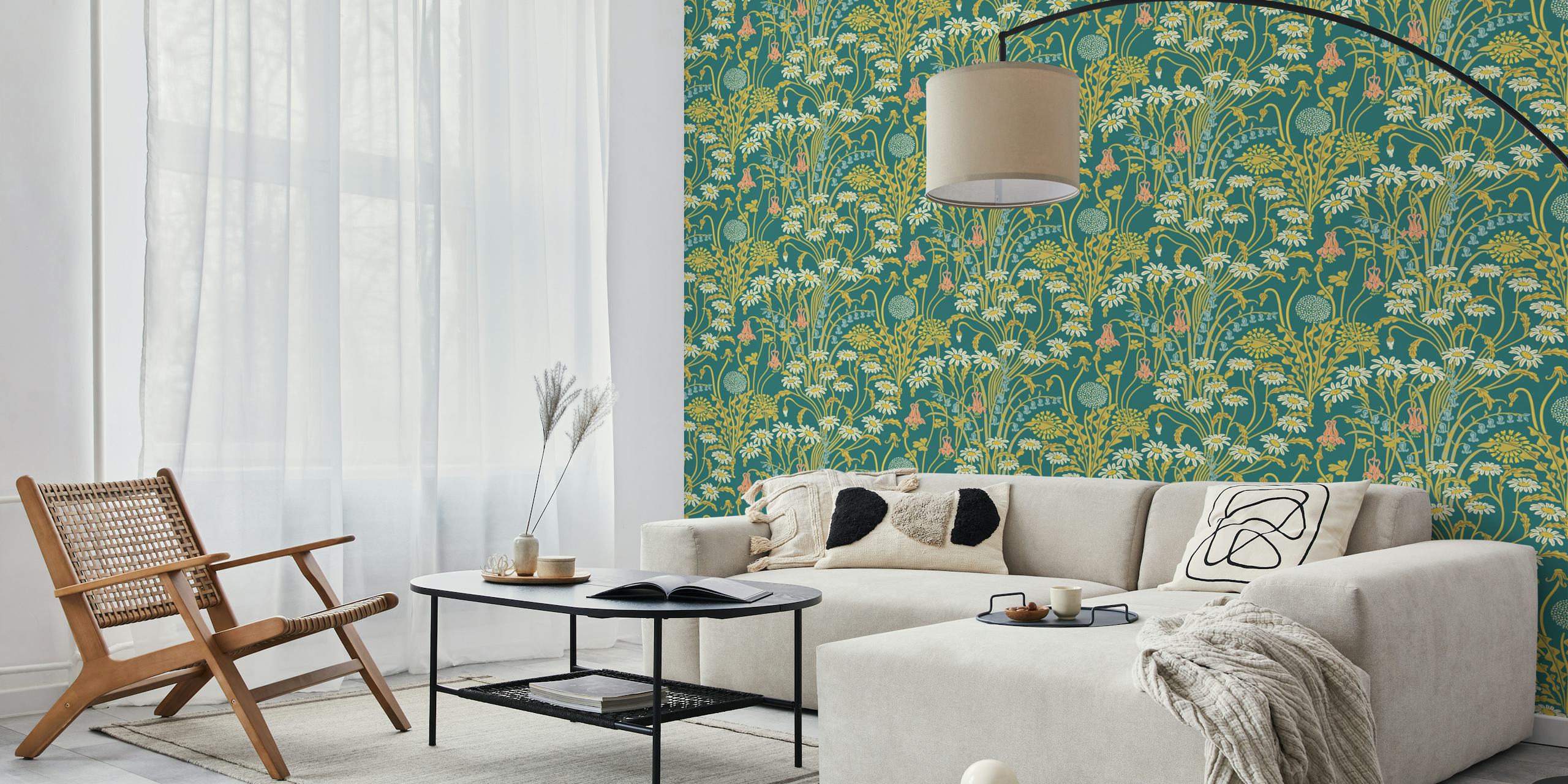 Flower and foliage pattern in white, orange, and green on vintage teal wallpaper