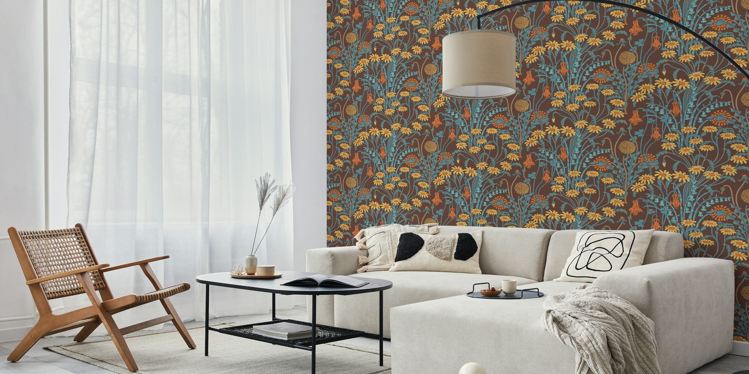 Colorful floral designs in yellow and blue on brown wallpaper