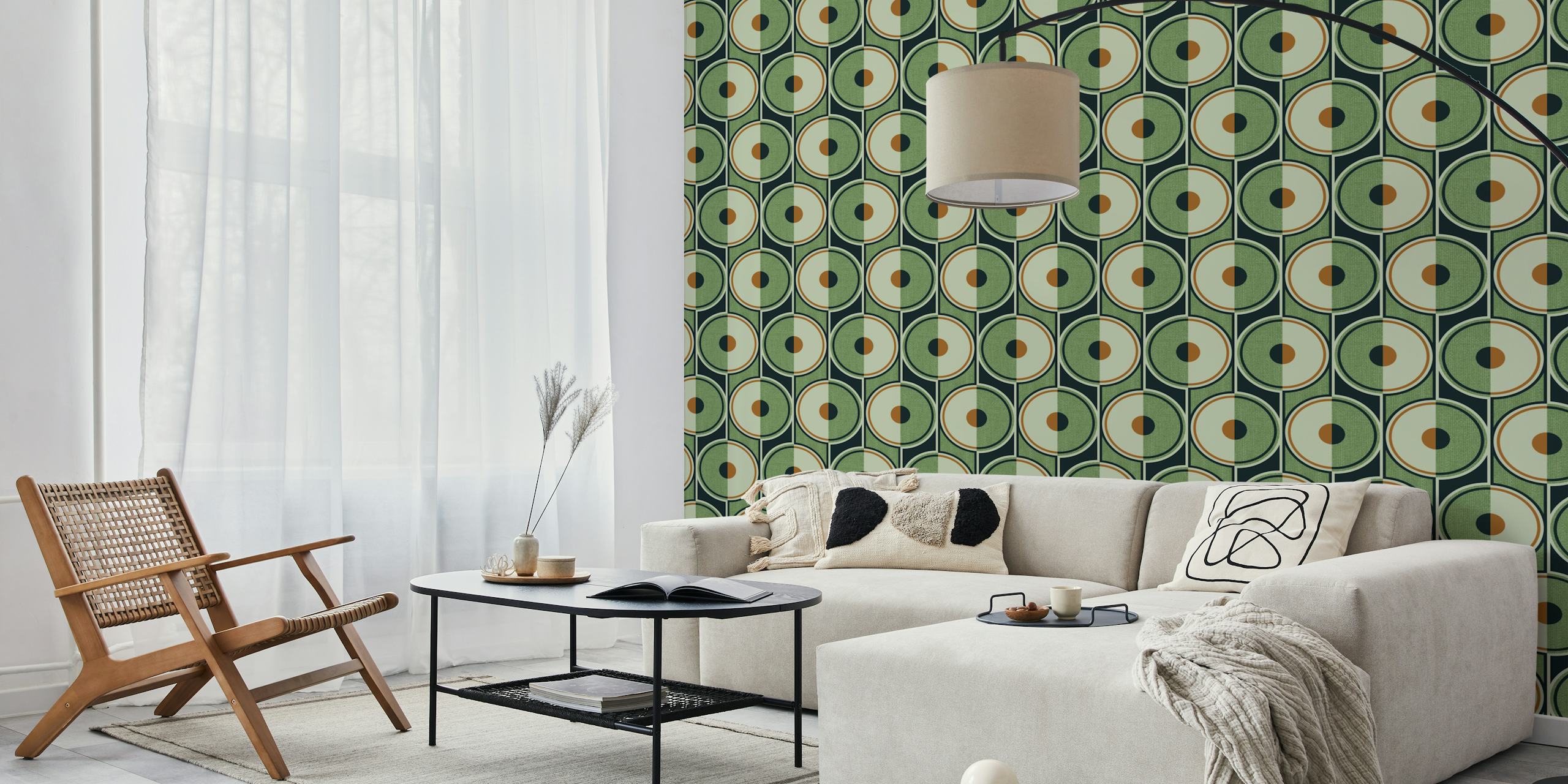 Small Retro Circles green papel de parede em um quarto