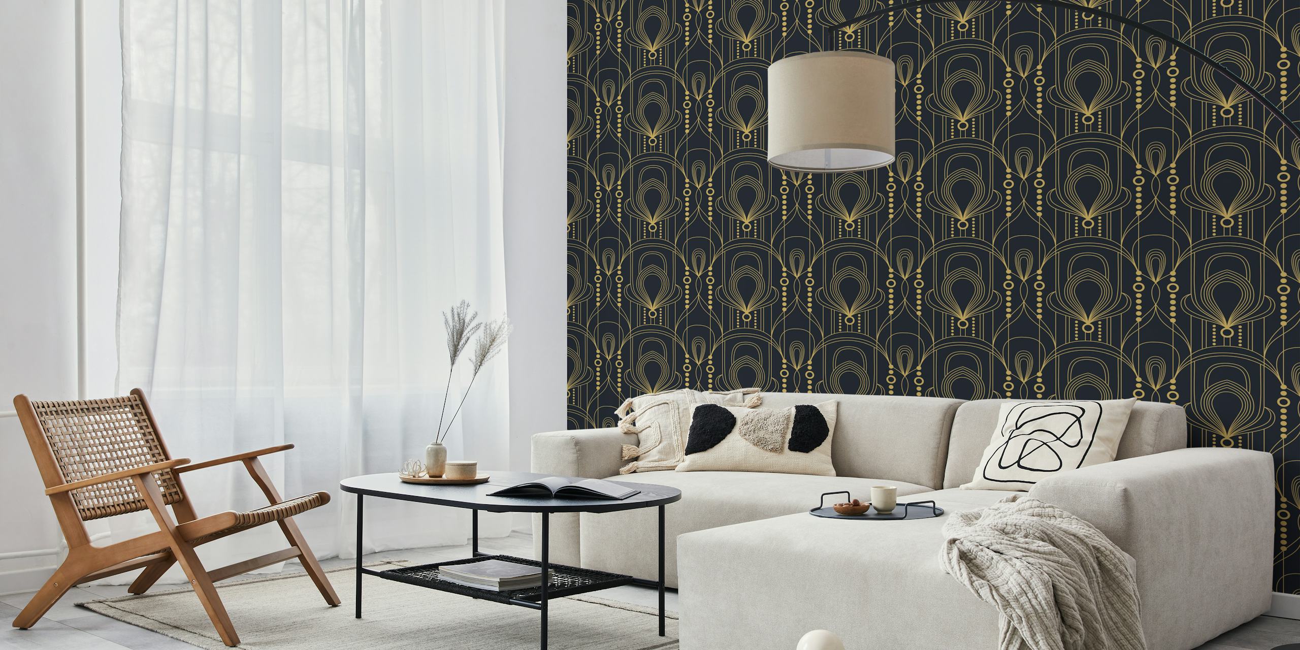 Art Deco Lines Black and Gold wallpaper in a room