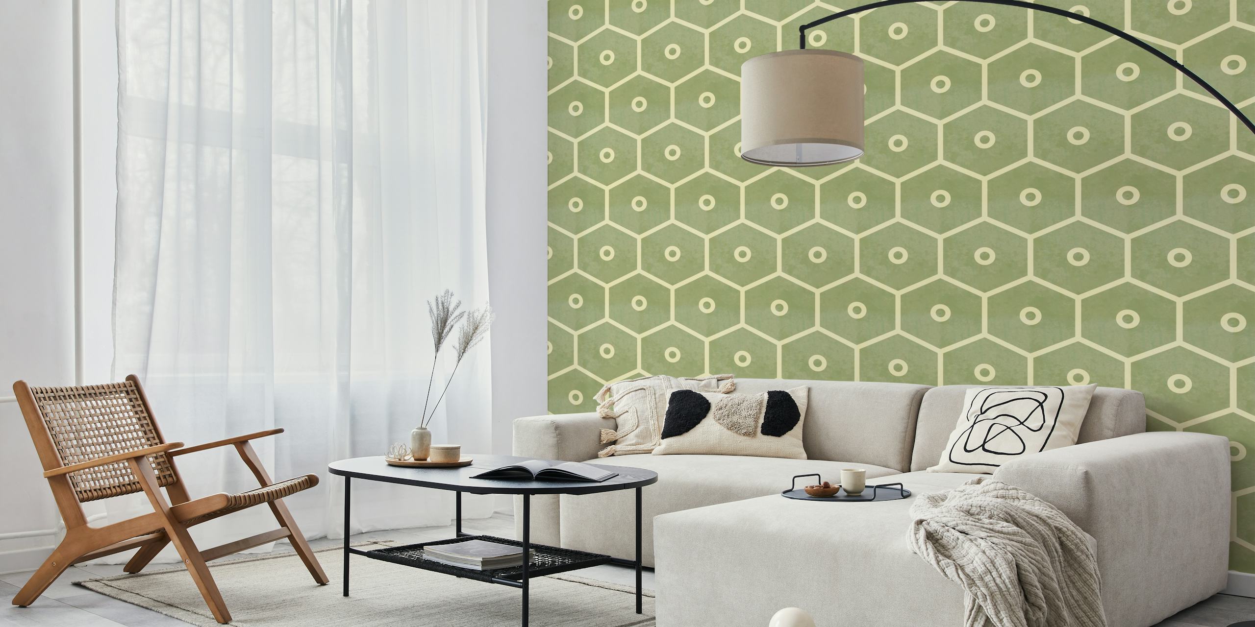 Tiles Honeycomb Sage Ivory tapeta u sobi