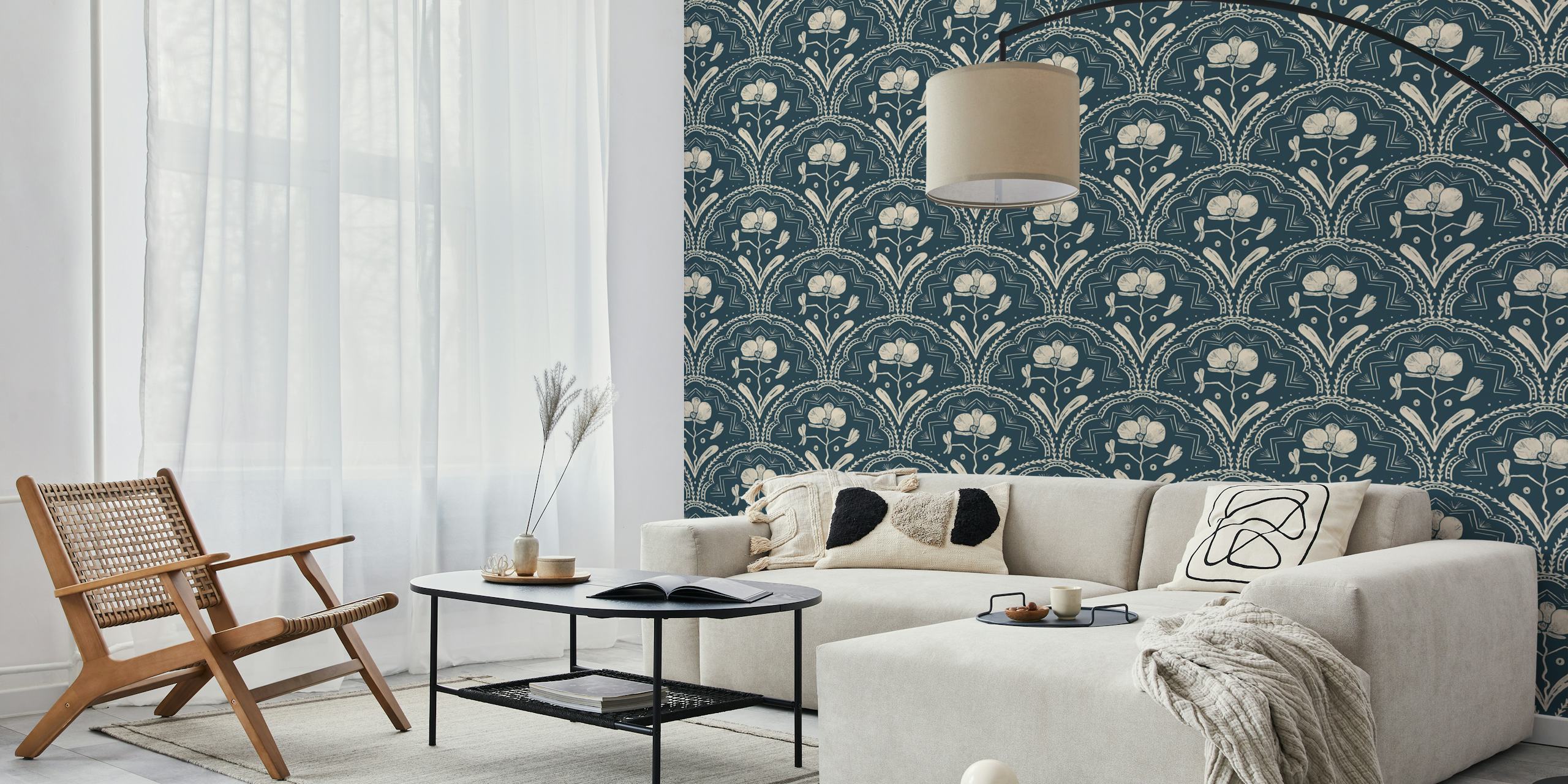 Dark blue floral patterns with white designs wallpaper