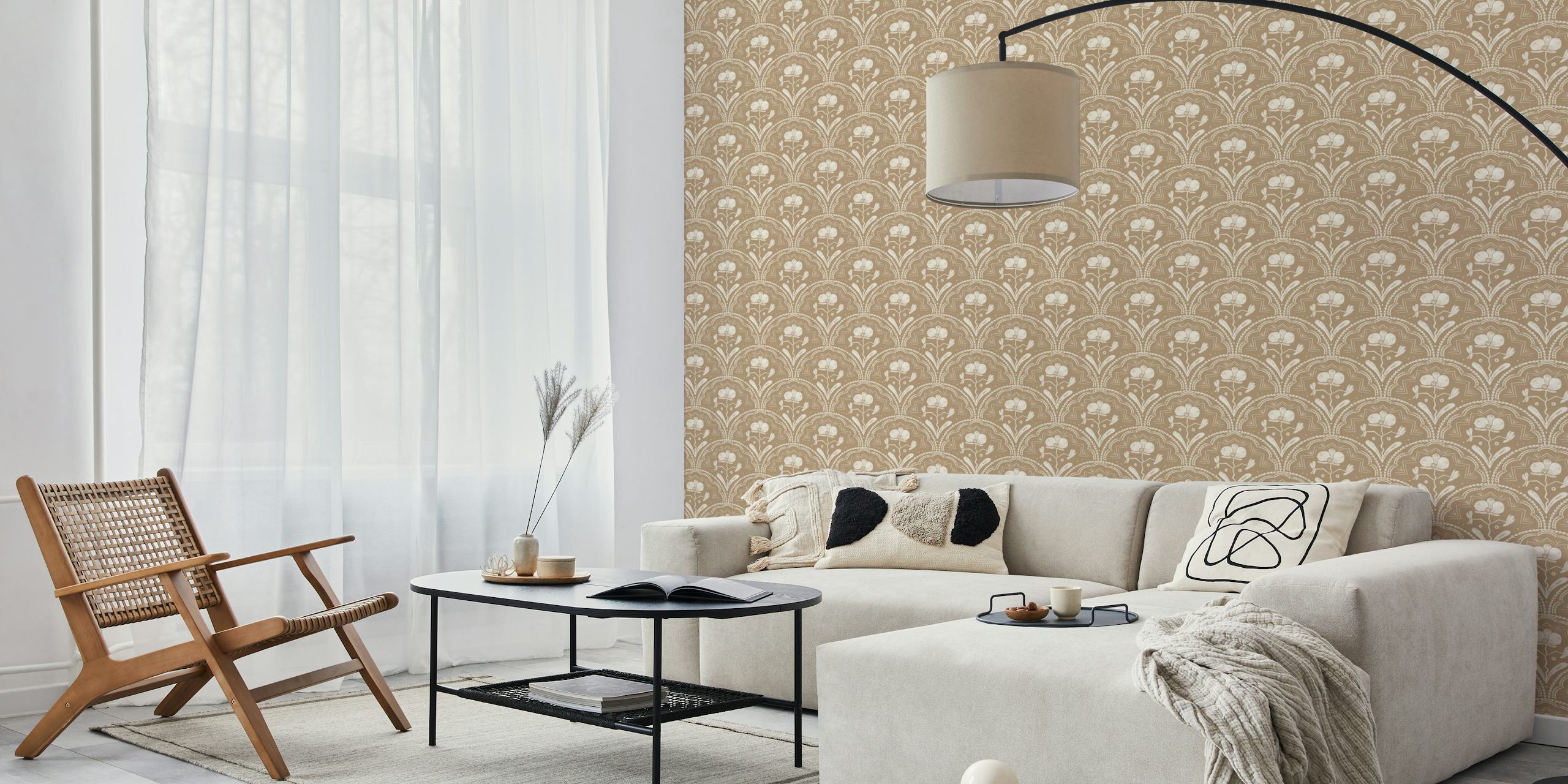 Beige floral tile pattern with white outlines wallpaper