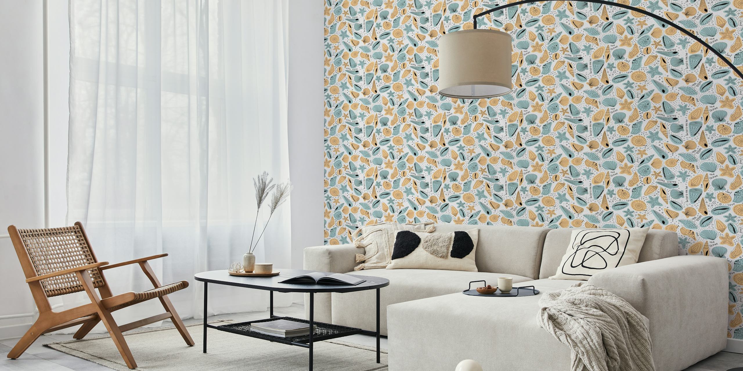 Seashells, starfish, and ocean motifs in orange and blue wallpaper
