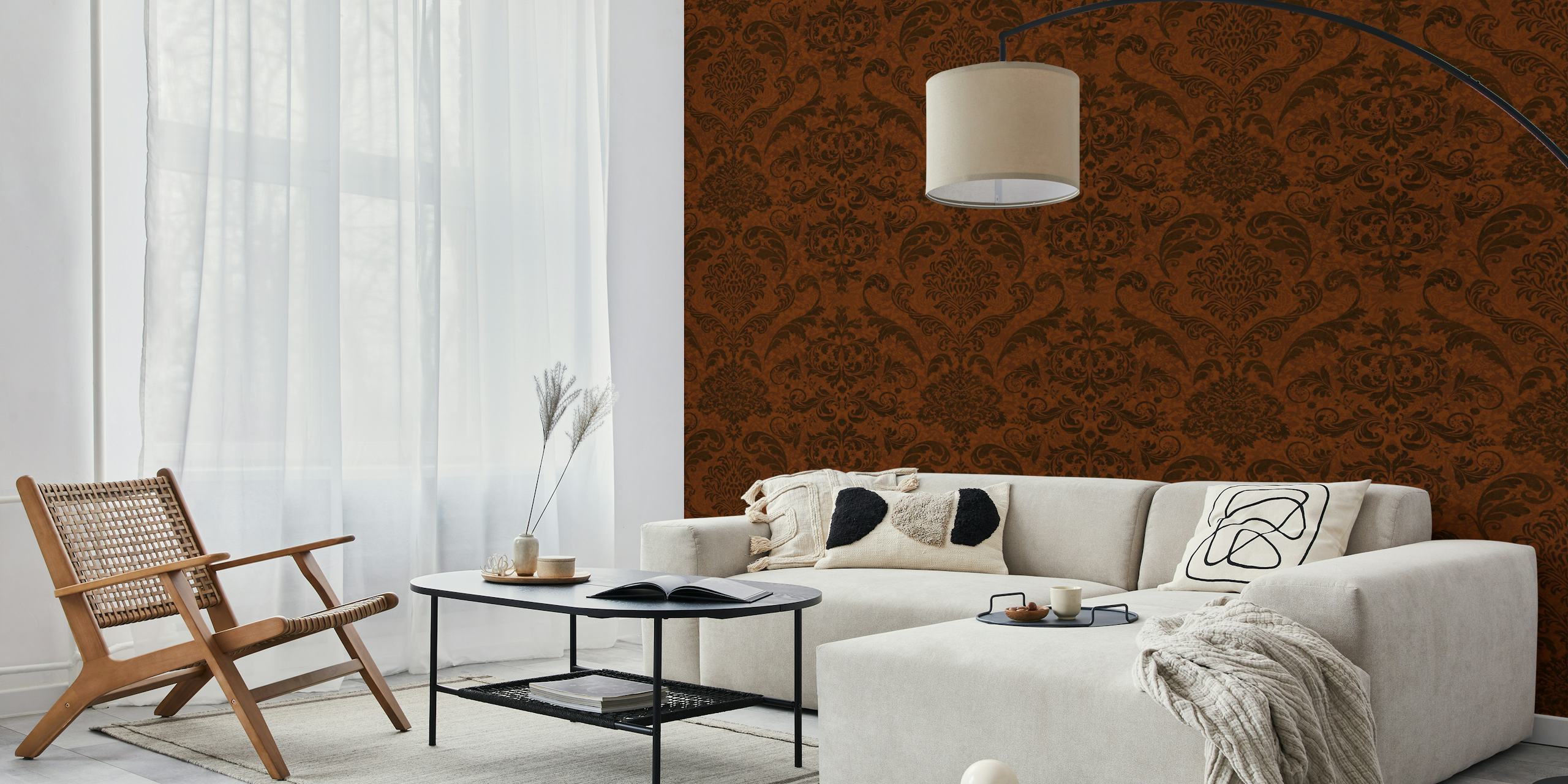 Dark vintage damask wallpaper pattern in amber maroon