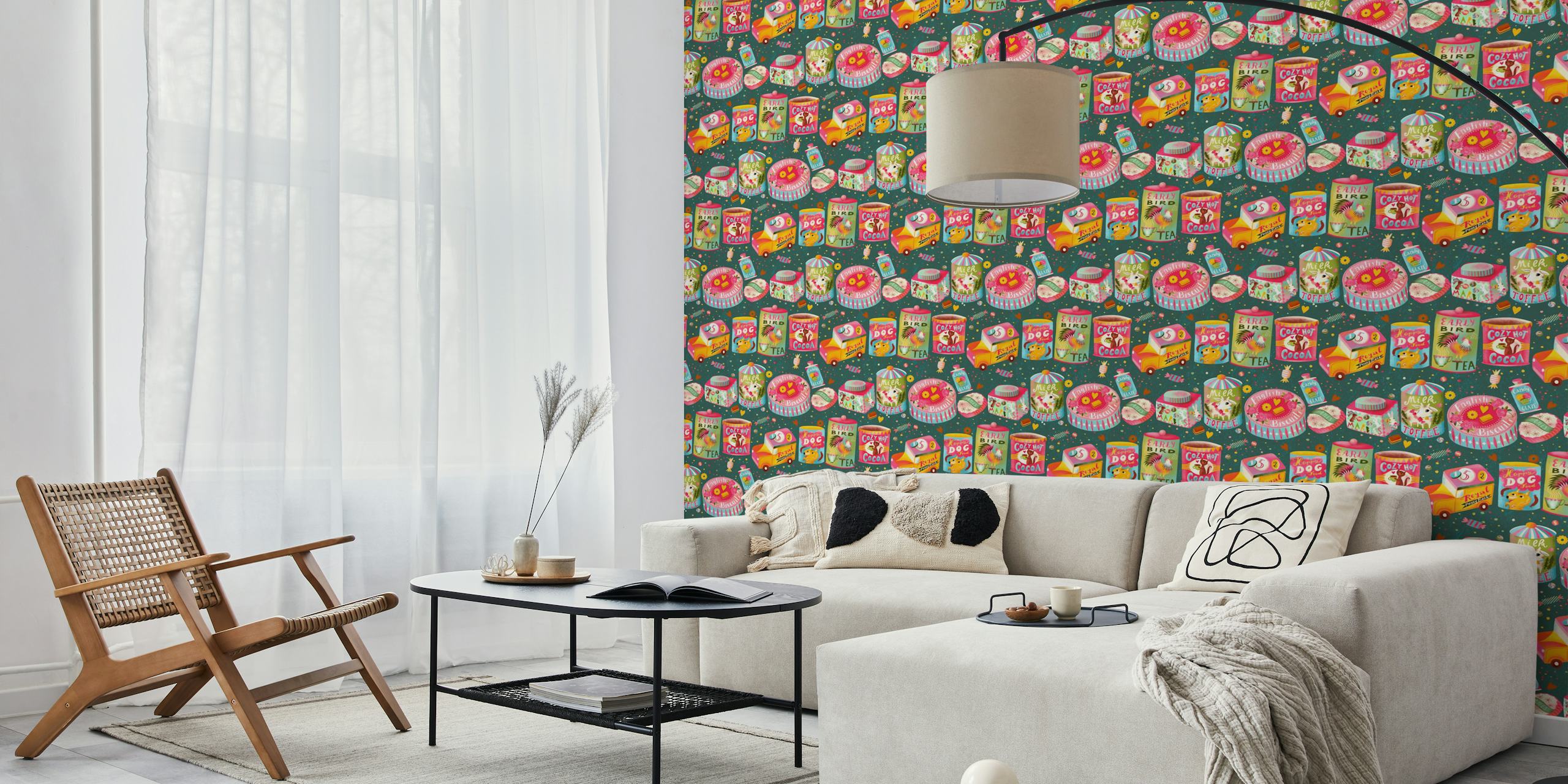 Design de papel de parede Vintage tins em um quarto