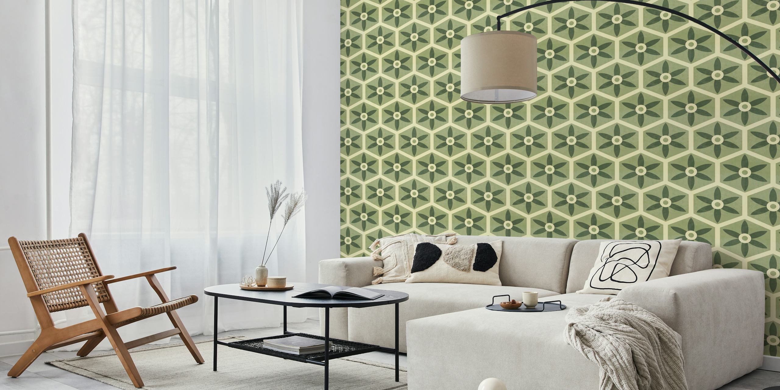Green hexagonal floral pattern with cream accents wallpaper