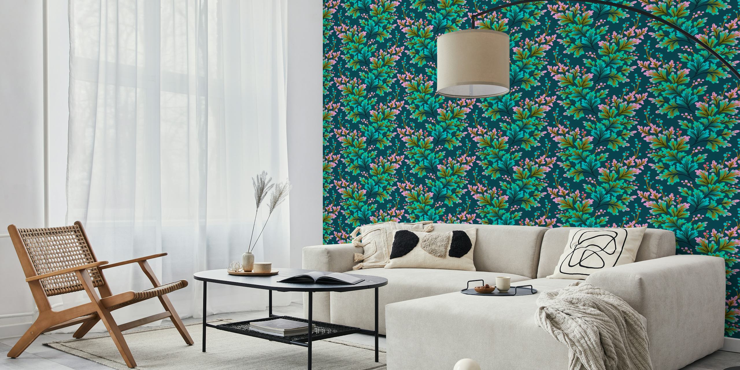 Frilled Foliage - Emerald Green / Pink behang in een moderne kamer