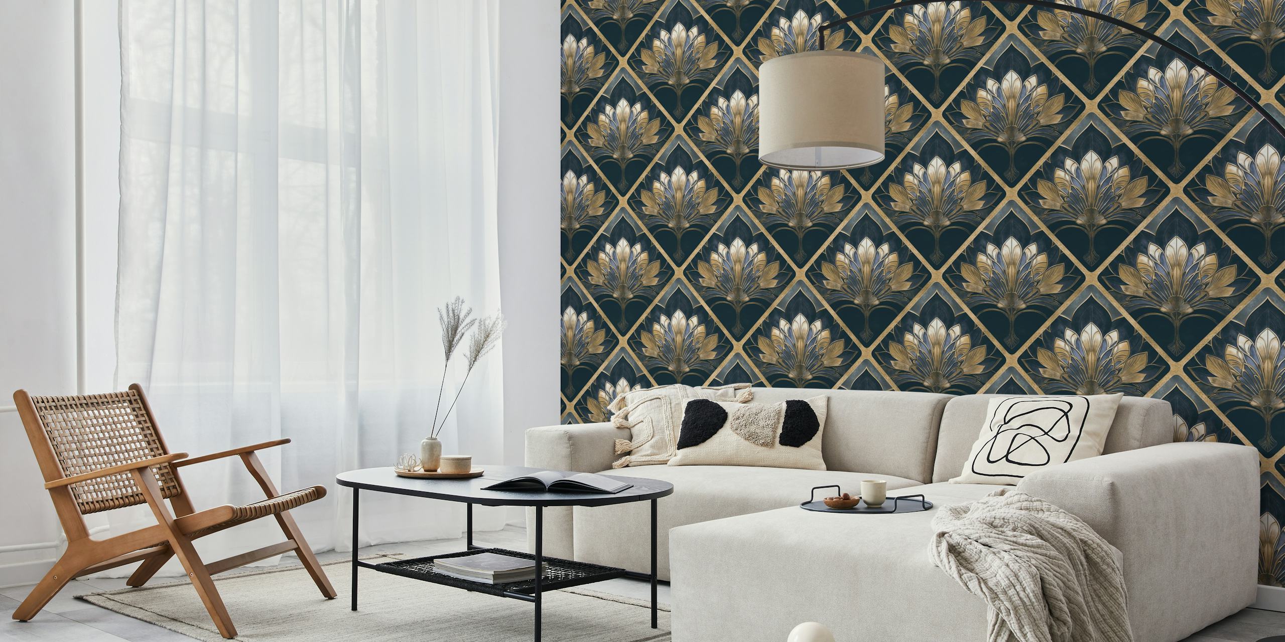 Art Deco Floral Wallpaper σε Μπλε και Χρυσό