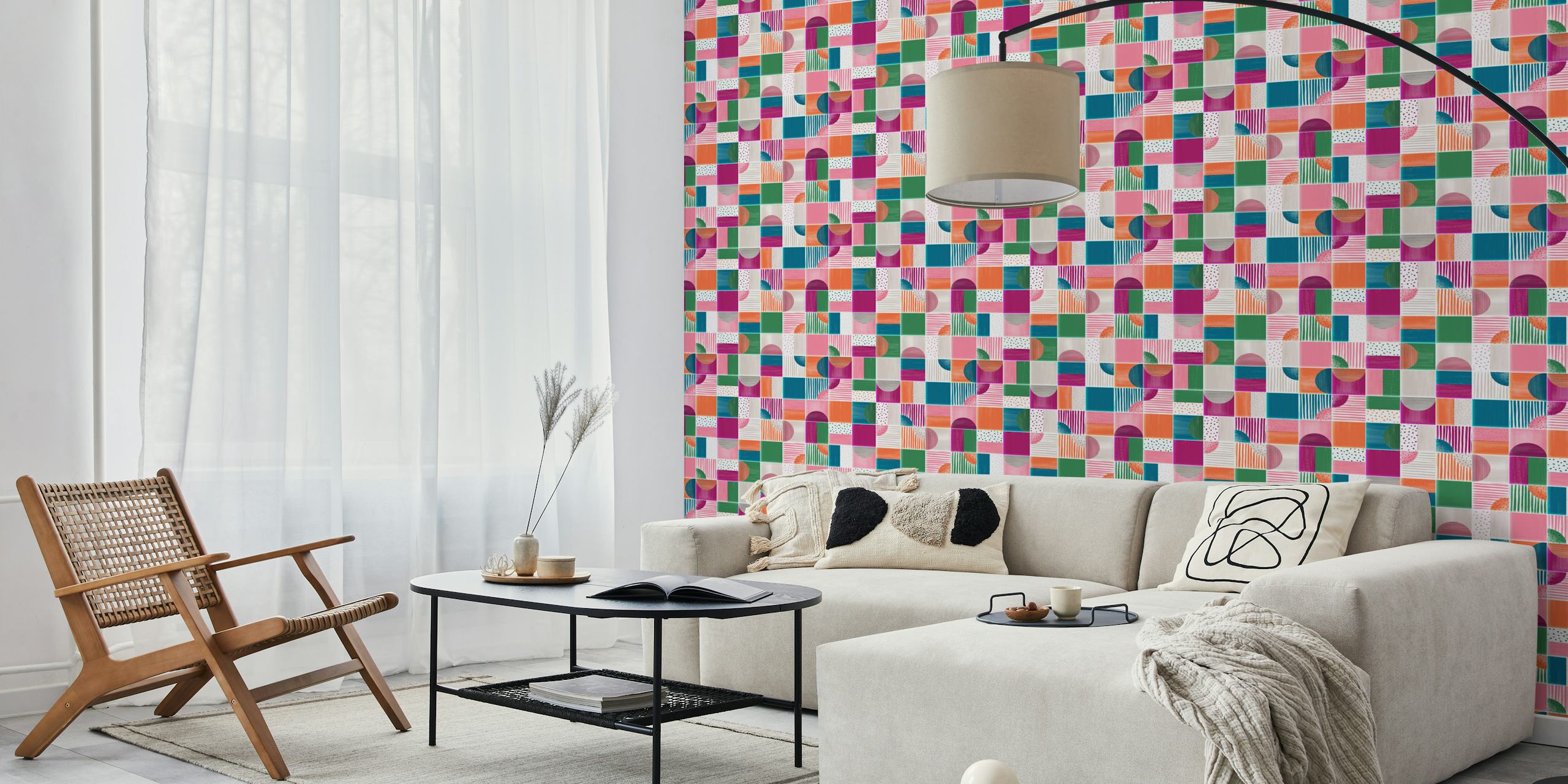 Colorful geometric tiles in pink, teal, and orange wallpaper