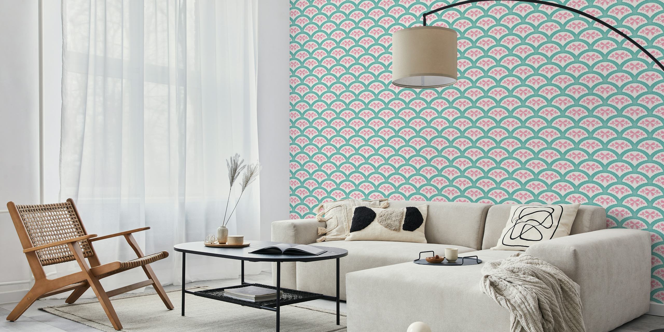 Grandmillennial preppy bows wallpaper in a room