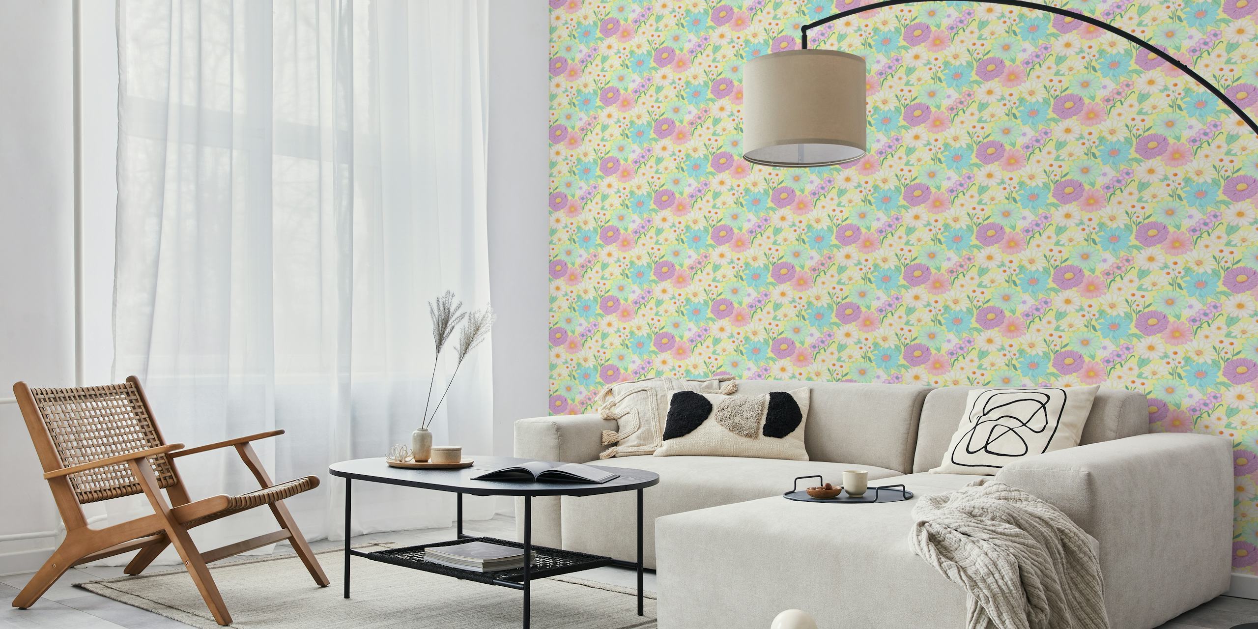 Colorful floral pattern on pastel background wallpaper