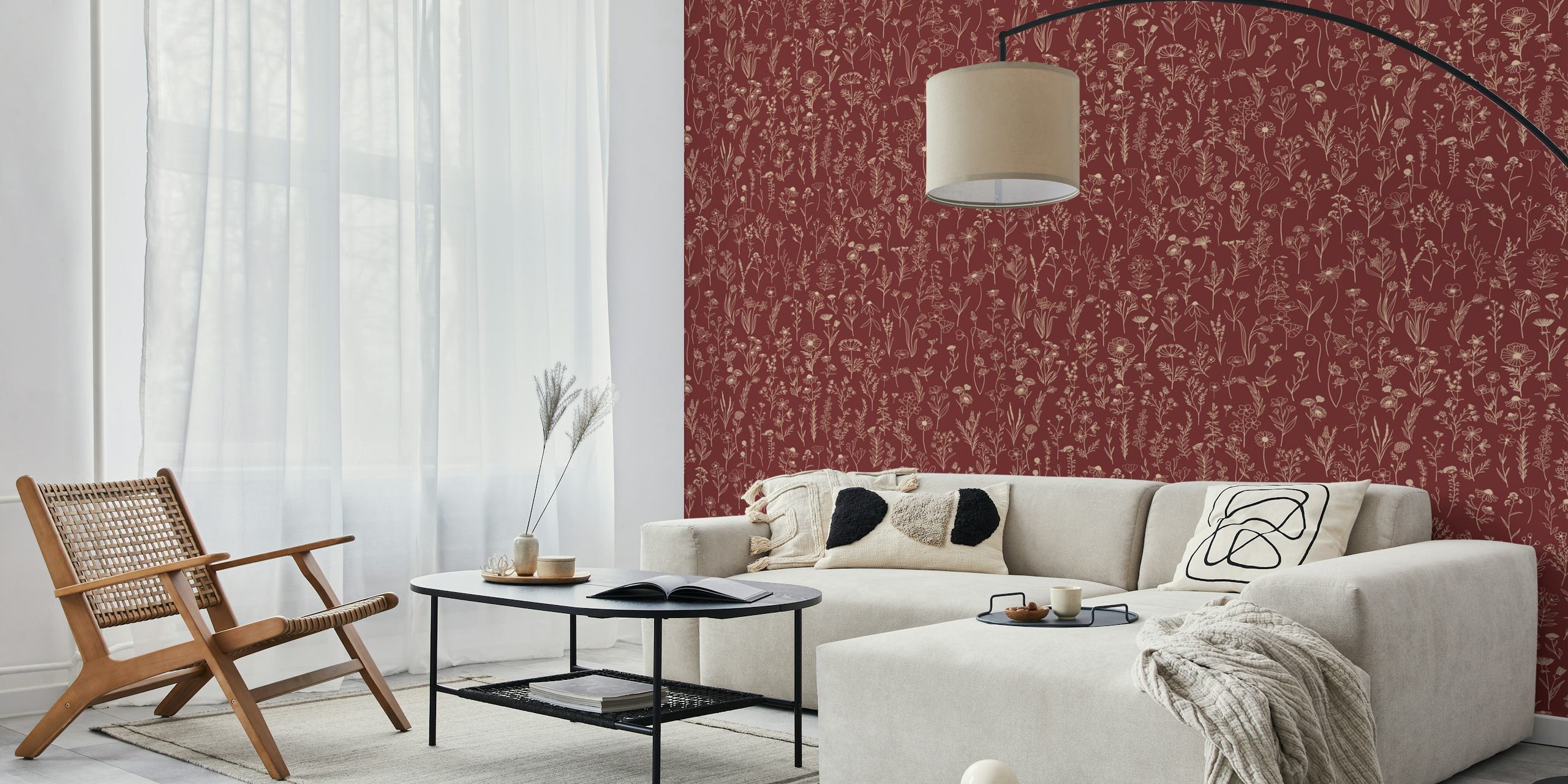 Burgundy floral pattern wallpaper with delicate line drawings