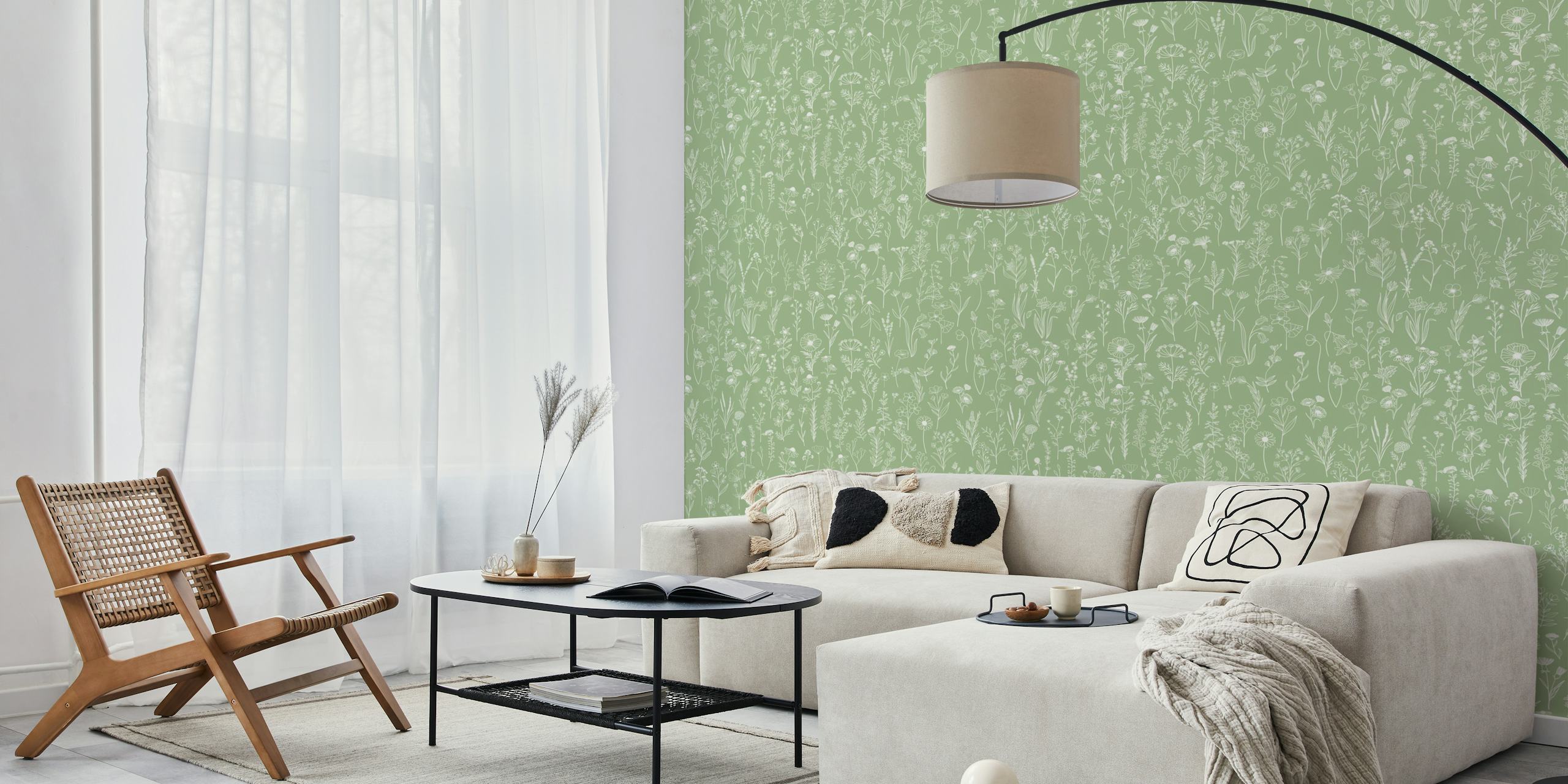 White floral patterns on soft green background wallpaper