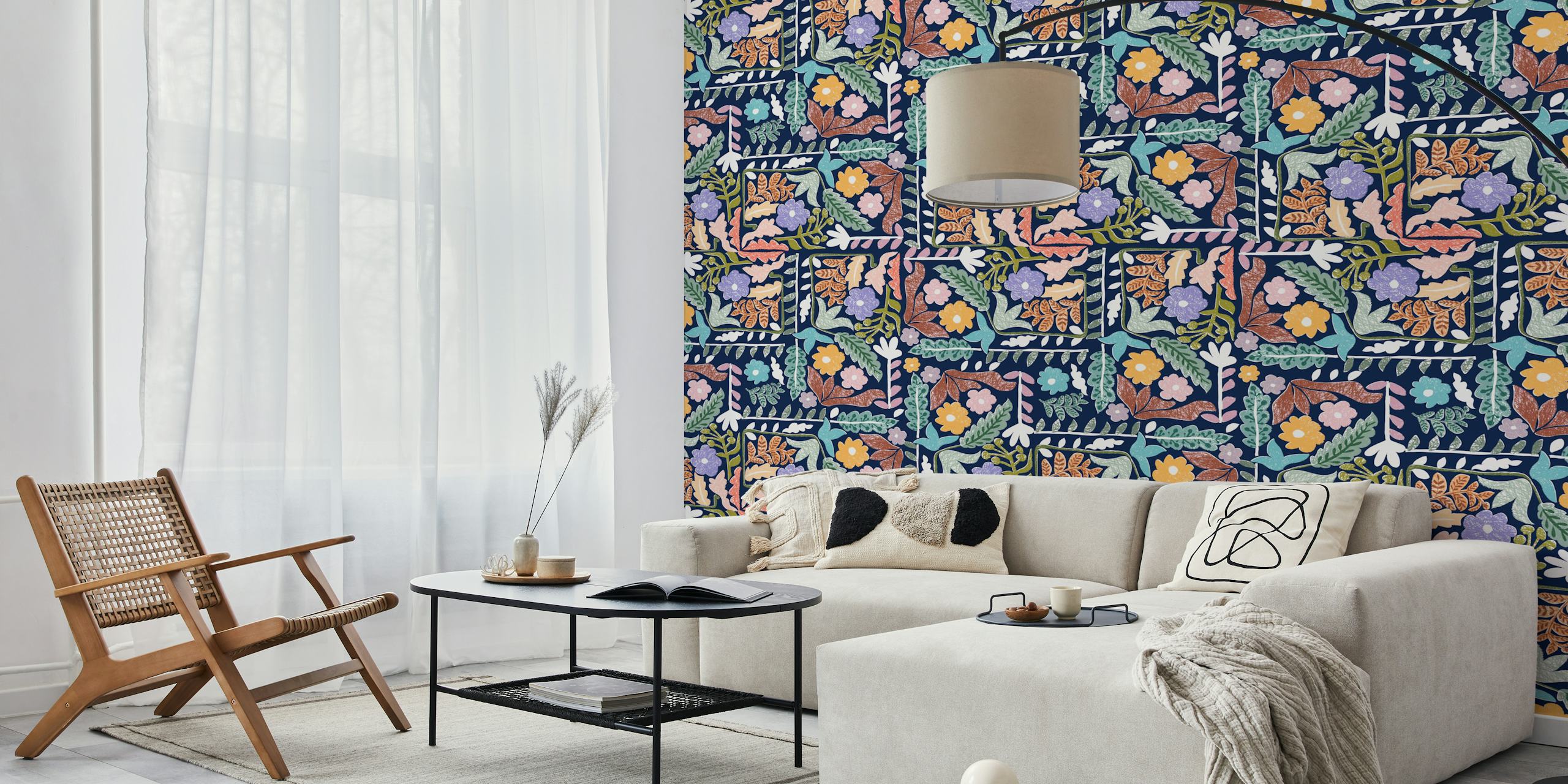 Floral geometric dark blue wallpaper with pink and green patterns