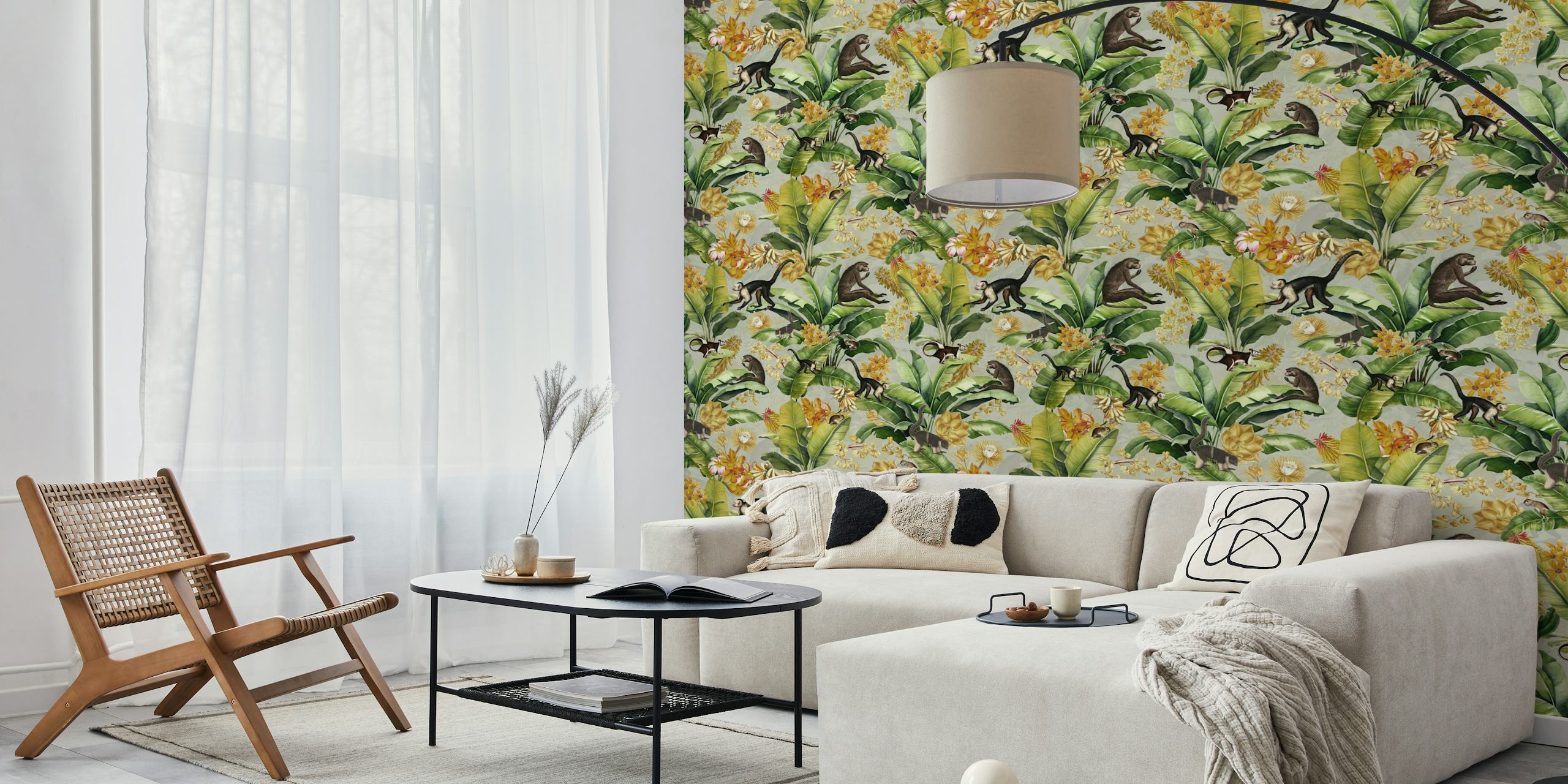 Vintage monkey wallpaper in a tropical setting