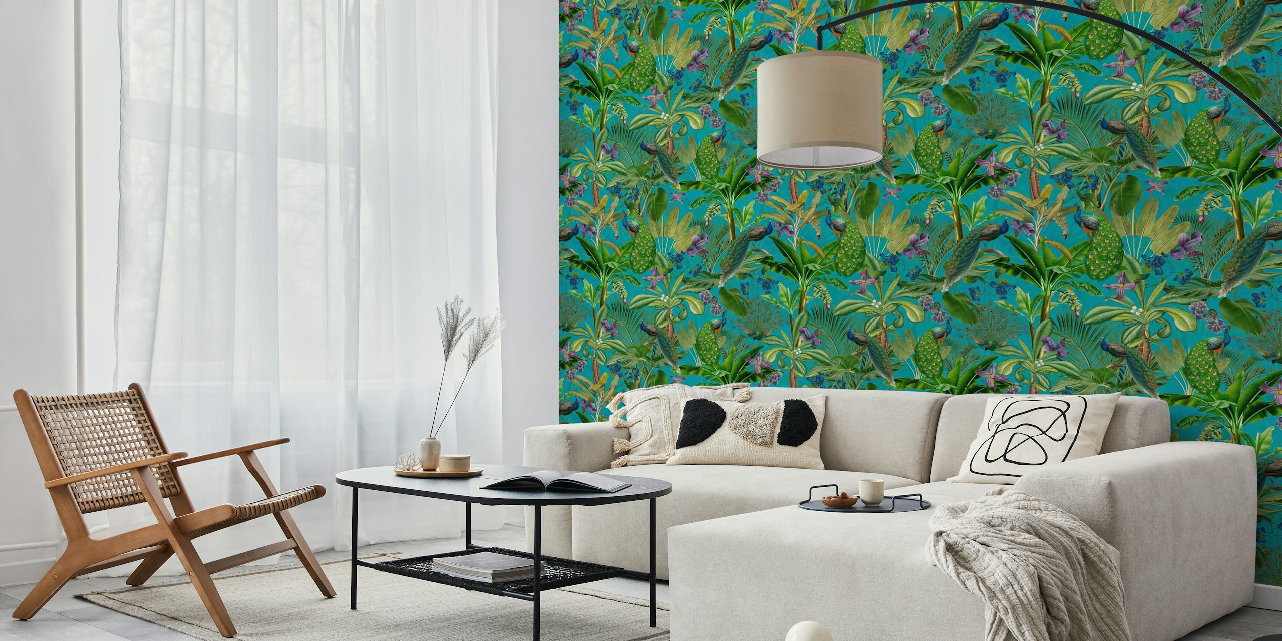 Design de papier peint tropical Rainforest Vintage Peacock