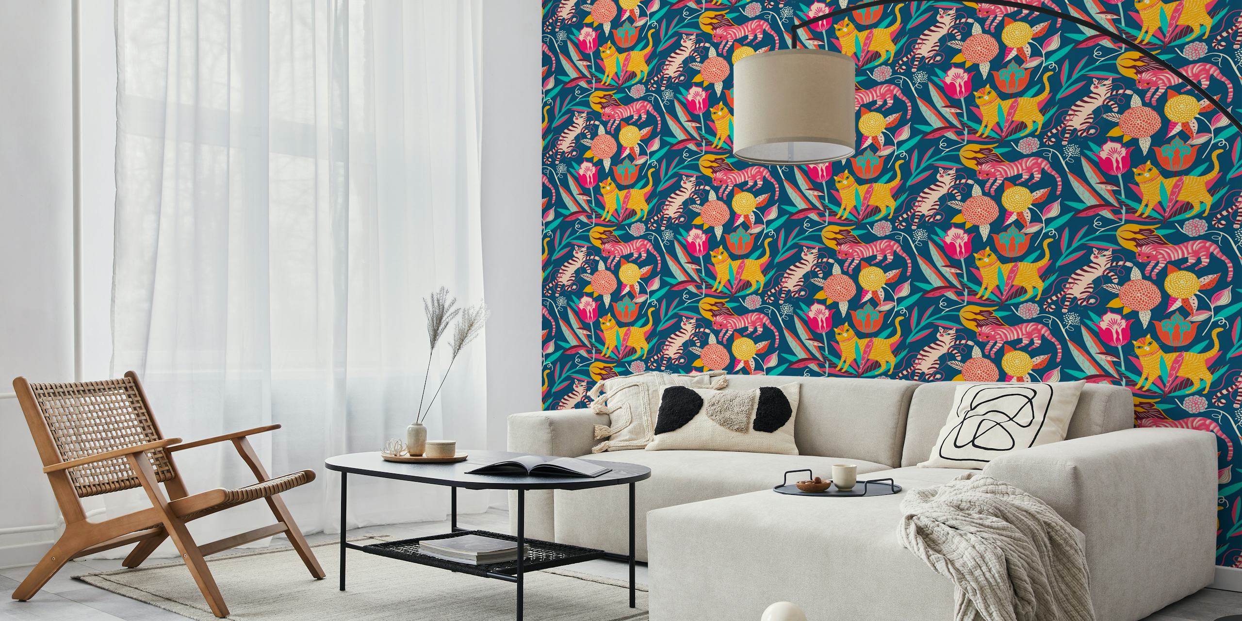 Folk Art Cats med Tulips tapetdesign