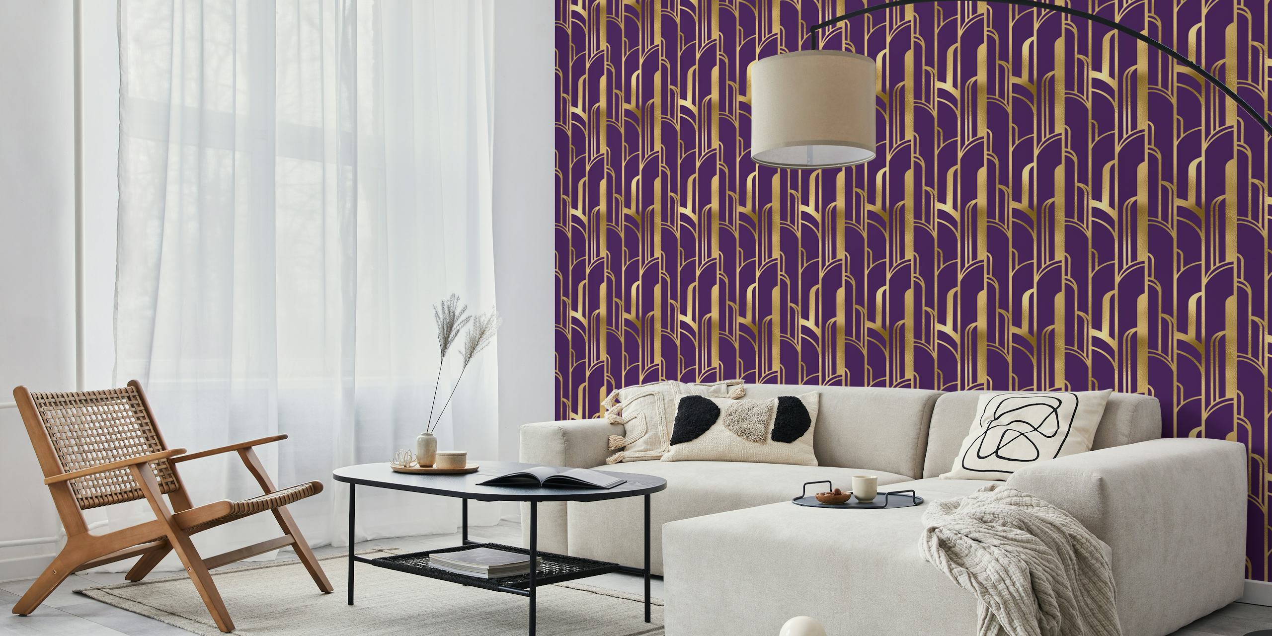 Art Deco gold and dark purple wallpaper in room