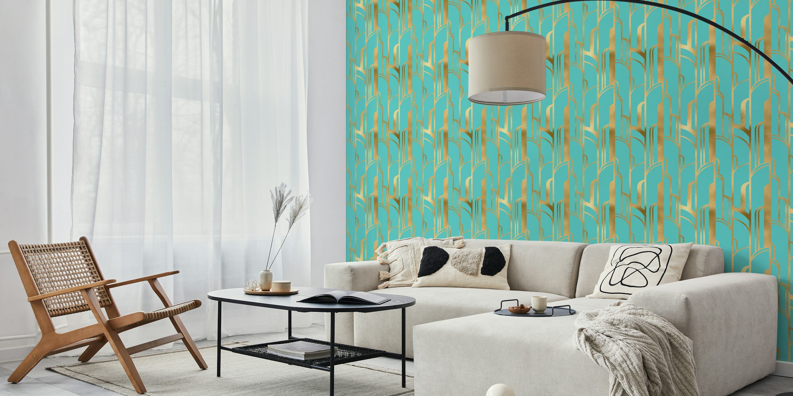 Papel de parede Art Deco dourado e turquesa em um quarto